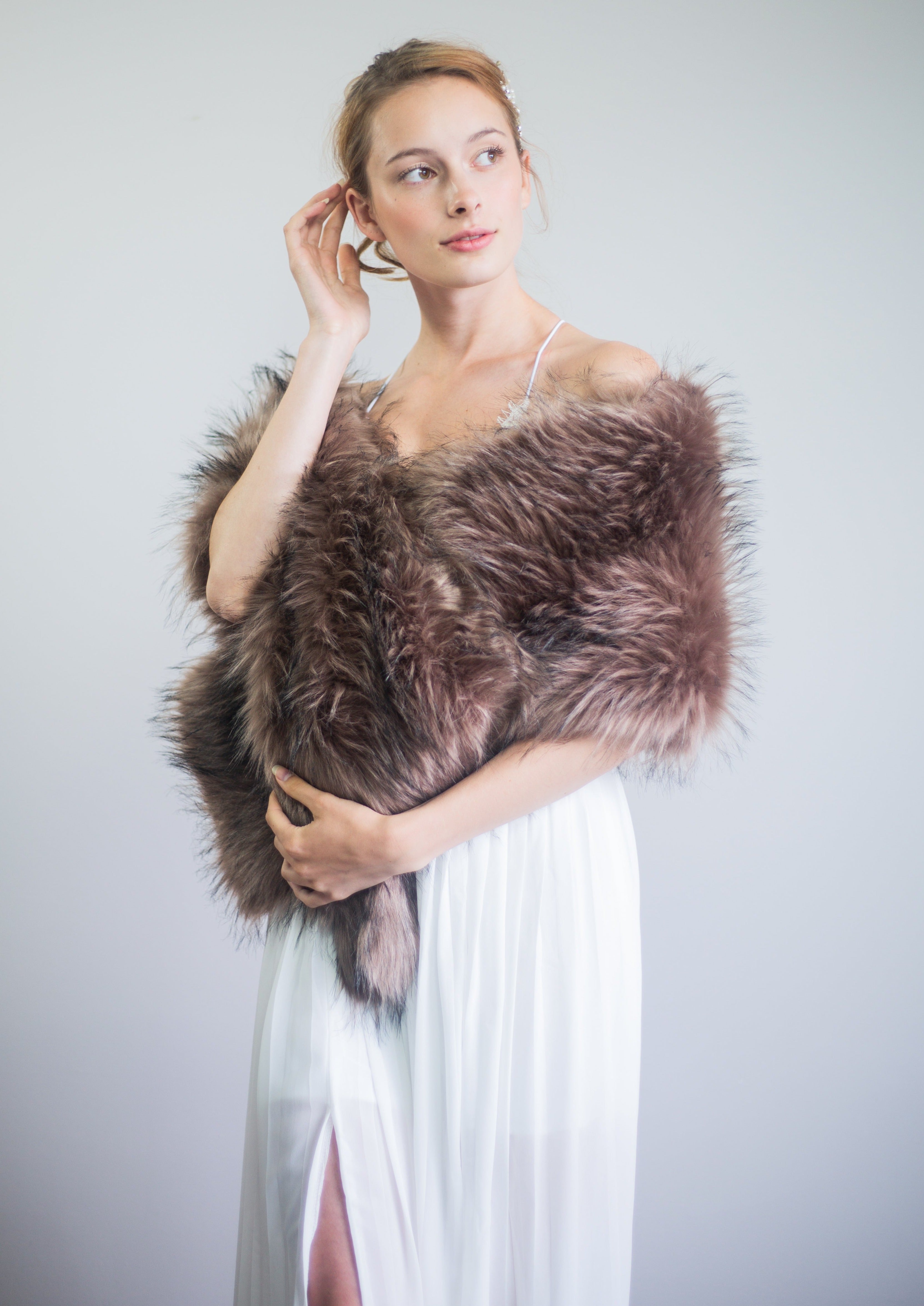 Brown Fur Shawl for Women - Soft & Warm Winter Wrap - Elegant Lilian Brw02 Shawl for Parties, Weddings & Cold Weather Fashion