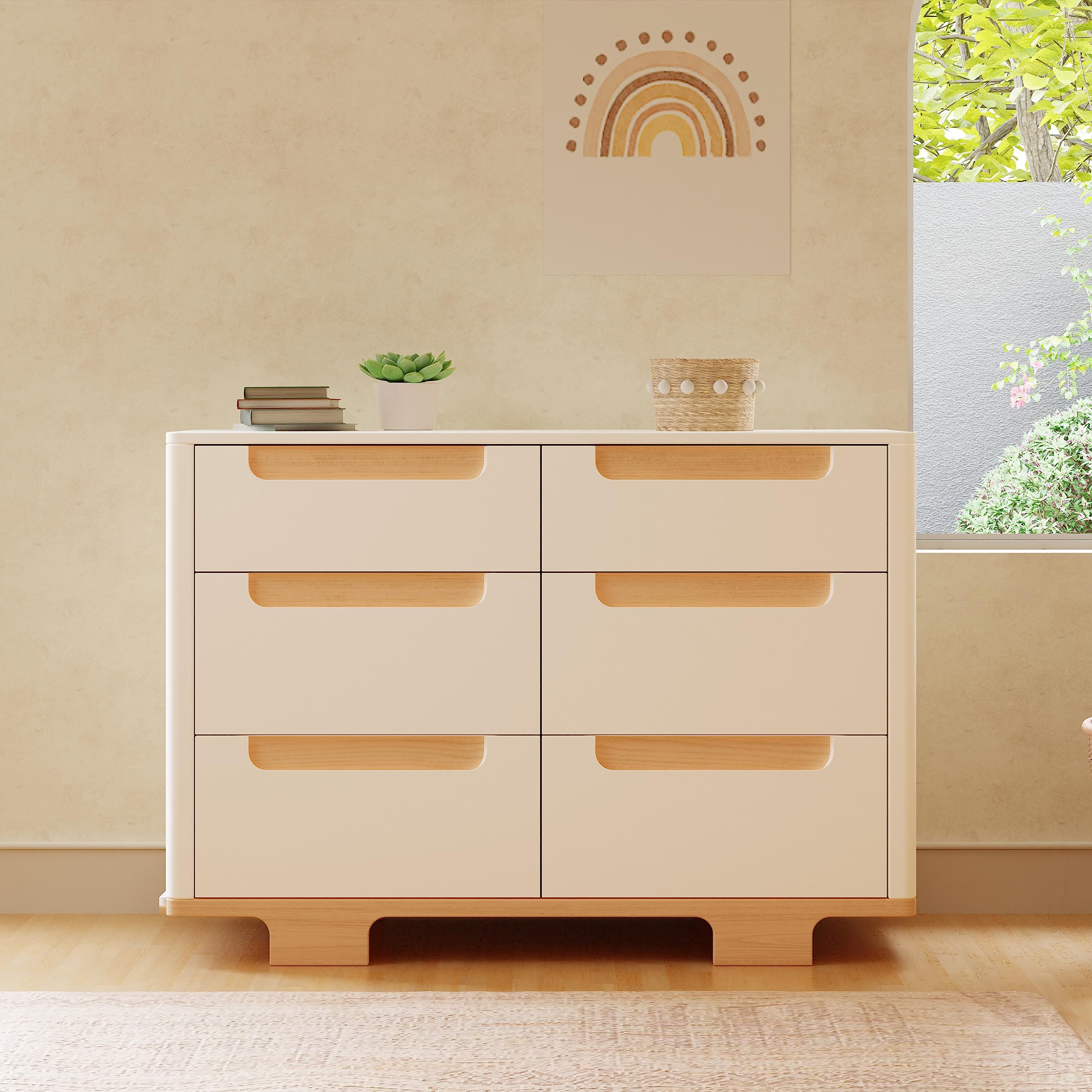 Babyletto Yuzu 6-Drawer Dresser - White & Natural Wood Nursery Dresser, Greenguard Gold Certified for Baby Safety | Perfect for Nursery Organization & Kids' Room Storage