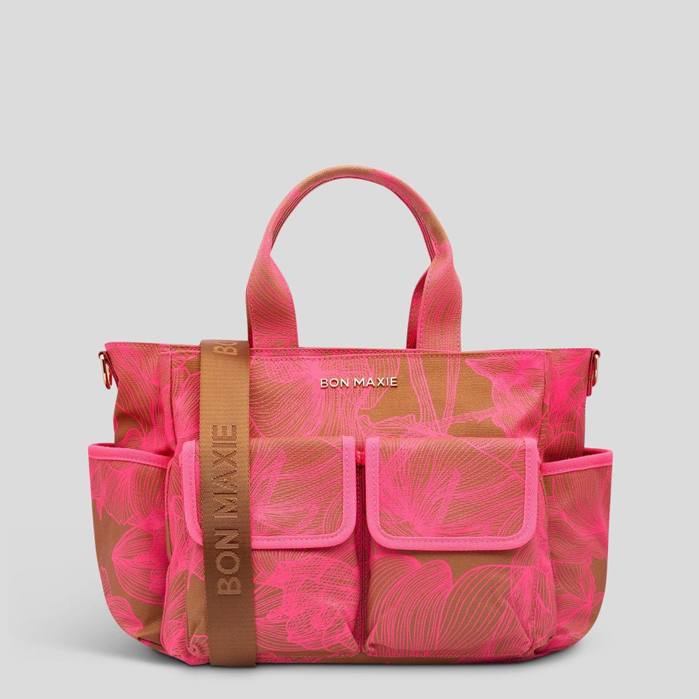 Stylish Everyday Multi-Pocket Tote Bag for Women - Neon Pink & Tan Floral Print - Perfect for Work, Travel, Shopping & Beach Outings