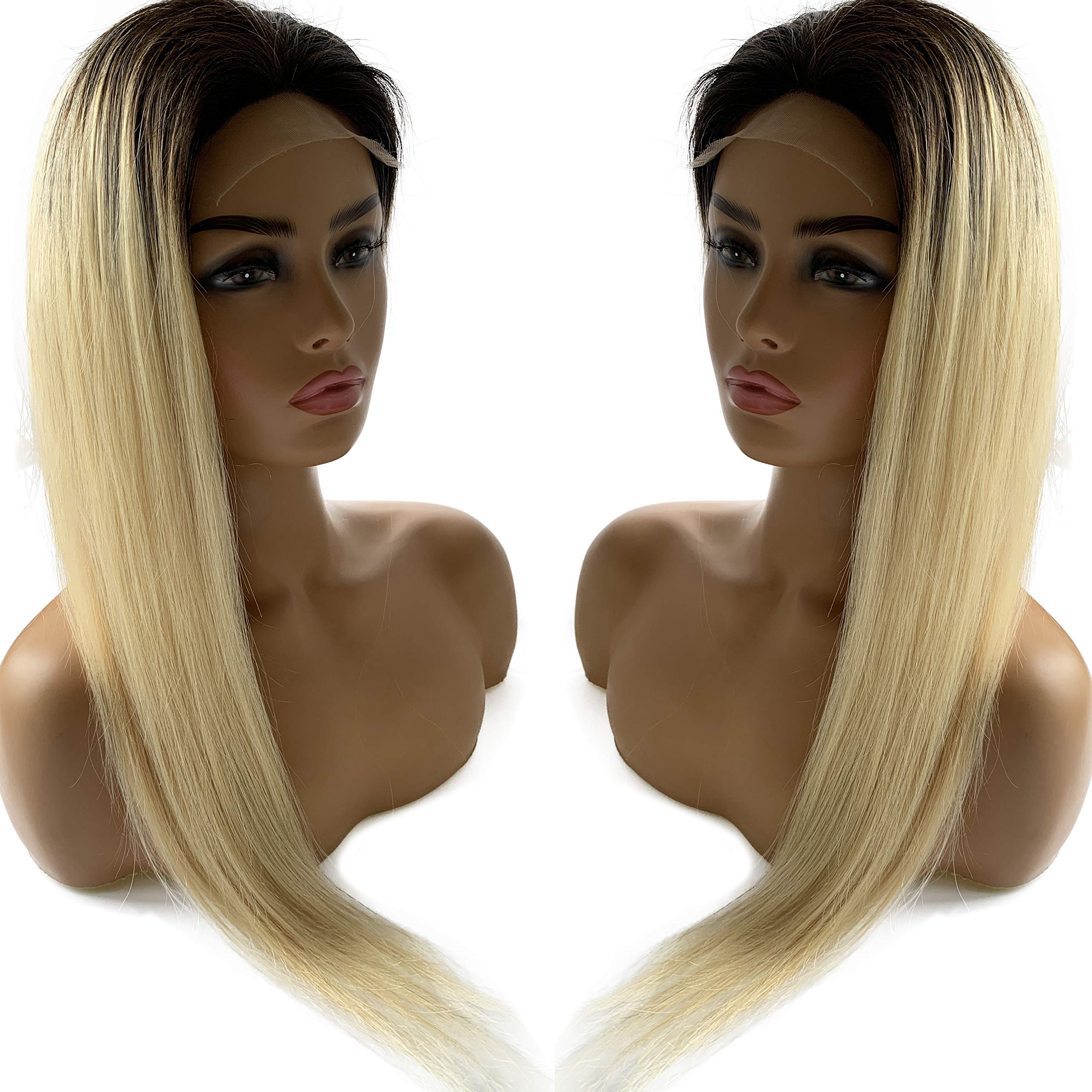 Ombre Blonde Lace Front Wigs 4x4 Closure Brazilian Human Hair #1B/613 Black Roots Remy Hair Wig - Bleached Knots, Pre-Plucked Hairline, 20