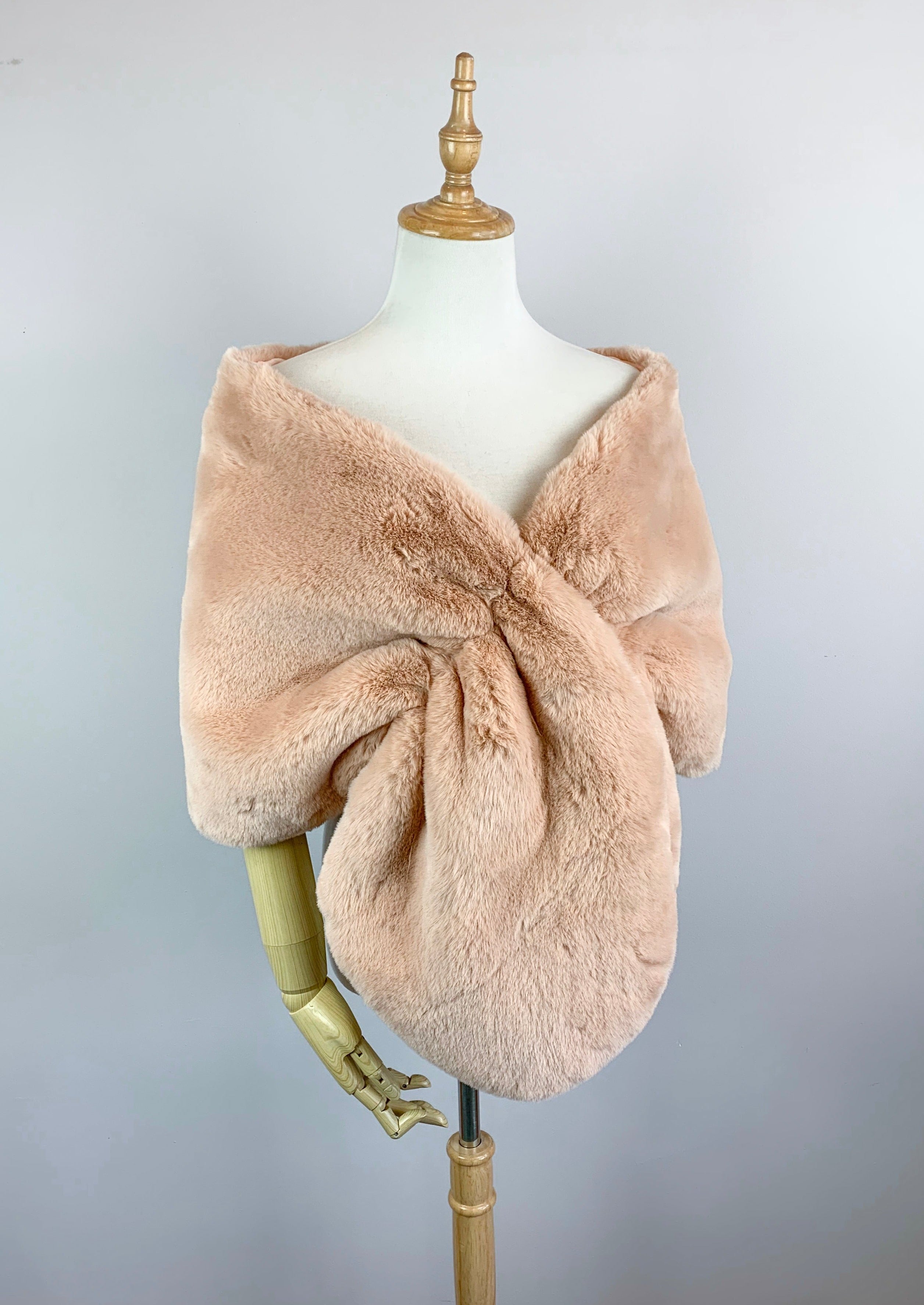 Blush Faux Fur Bridal Cape - Elegant Wedding Shawl for Bride (Audrey DBlu05) | Perfect for Winter Weddings, Photoshoots & Formal Events