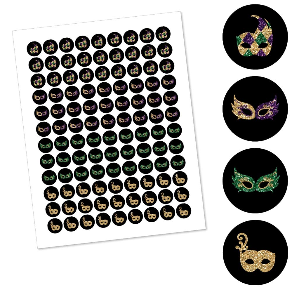 Big Dot of Happiness Mardi Gras Masquerade Party Round Candy Stickers - 108 Labels for Chocolate & Treats - Perfect for Carnival, Birthday & Halloween Party Favors