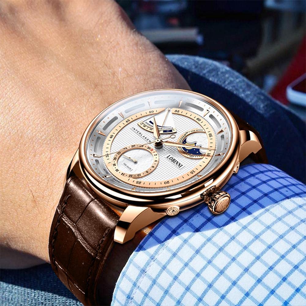 LOBINNI Men's Moon Phase Automatic Mechanical Watch - Waterproof Luxury Dress Wristwatch for Business & Formal Occasions