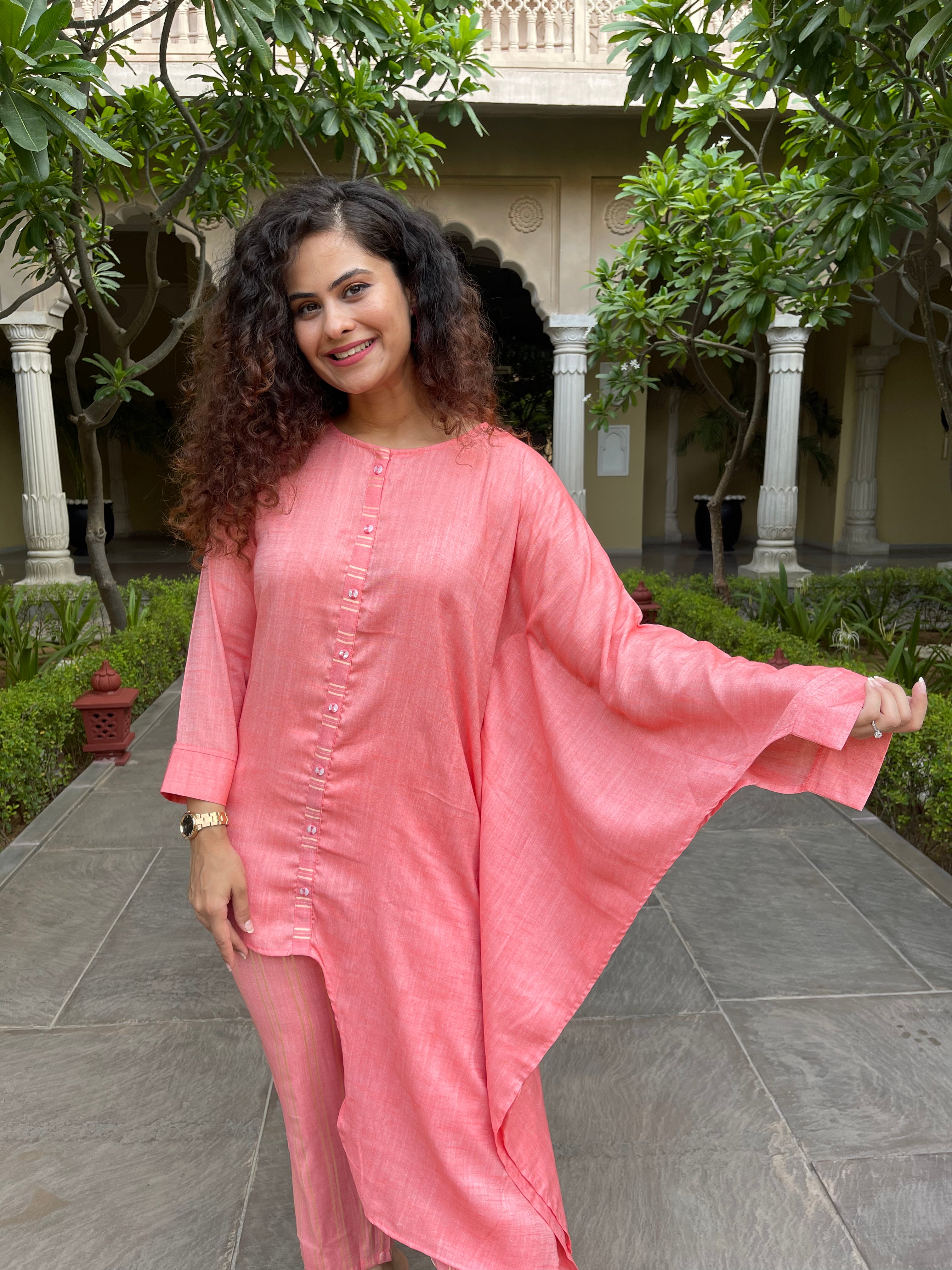 Stylish Pink Asymmetric Cotton Co-Ord Set for Women | Trendy Two Piece Outfit | Perfect for Casual Wear, Beach Outings & Summer Fashion