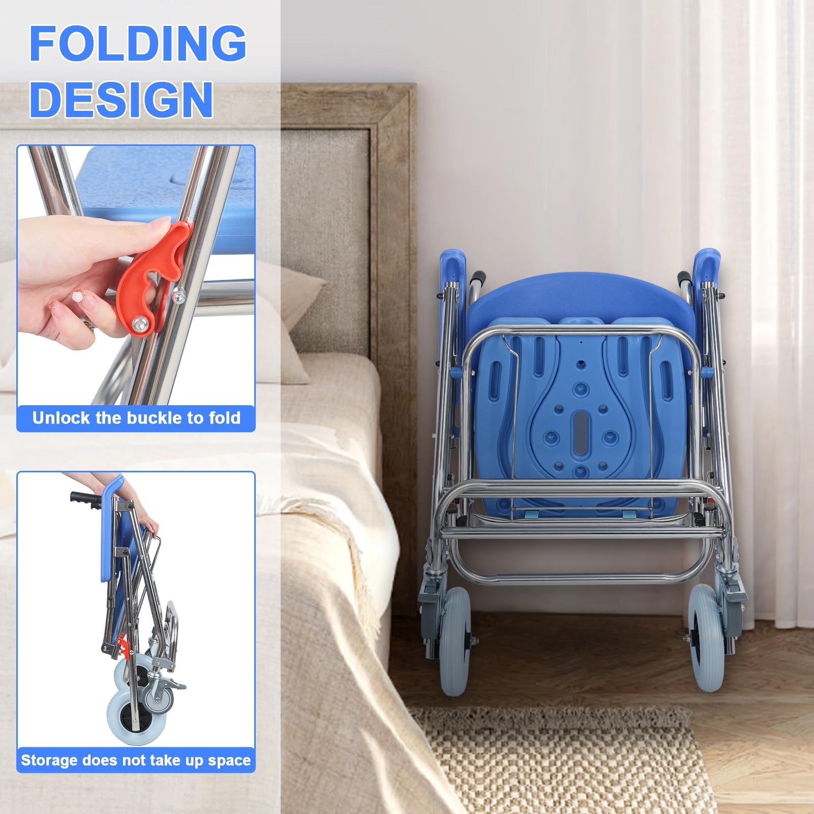 3-in-1 Shower Commode Wheelchair - Foldable Waterproof Rolling Toilet Chair with Armrests & Backrest - Portable Mobility Aid for Elderly & Disabled - Ideal for Bathroom Safety & Home Care Use