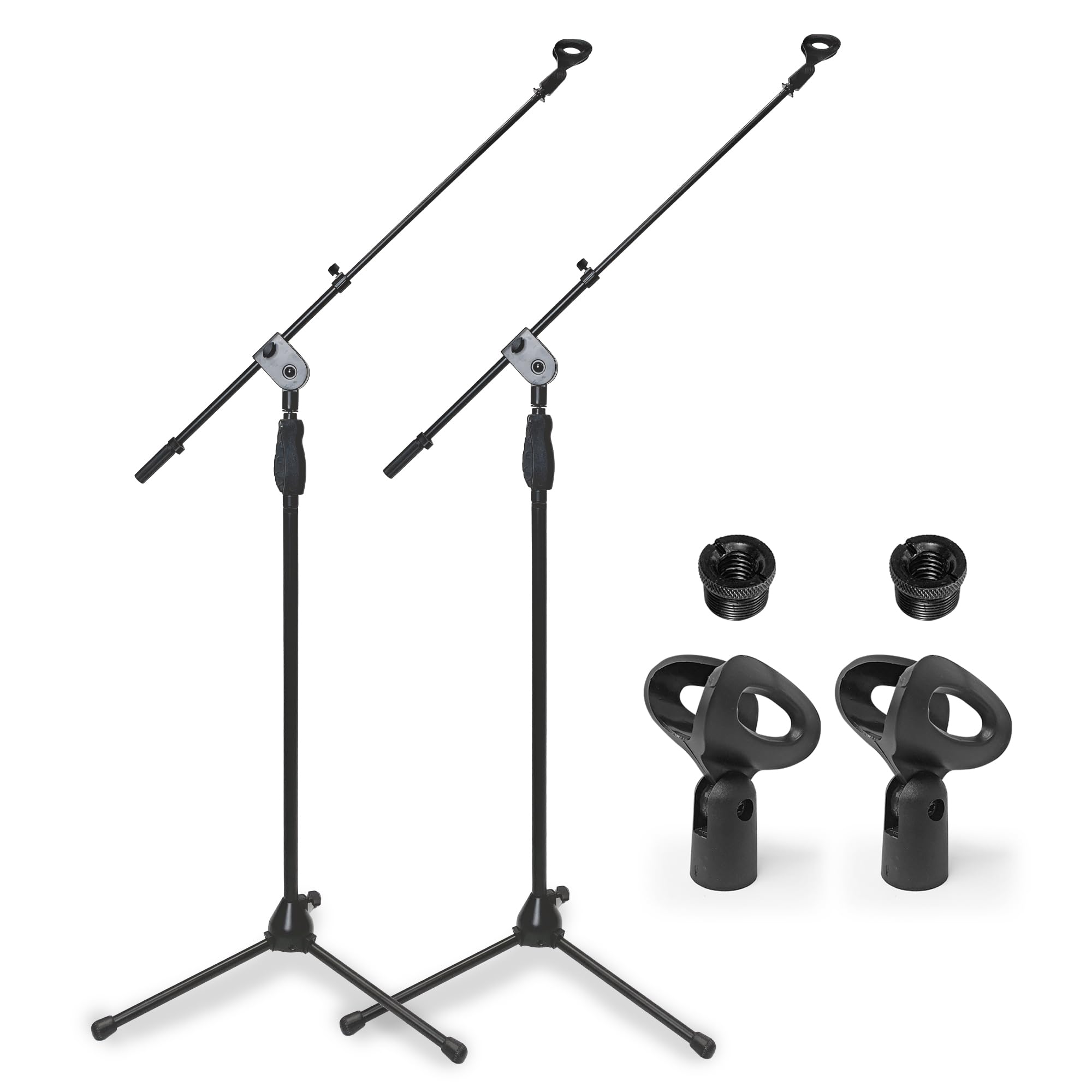 AXCMS-201TB One-Handed Microphone Stand with Tripod Base & Quick Height Adjustment - Telescoping Boom Arm Included (2-Pack) | Professional Mic Stand for Singing, Podcasting & Live Performances | Home Studio & Stage Use
