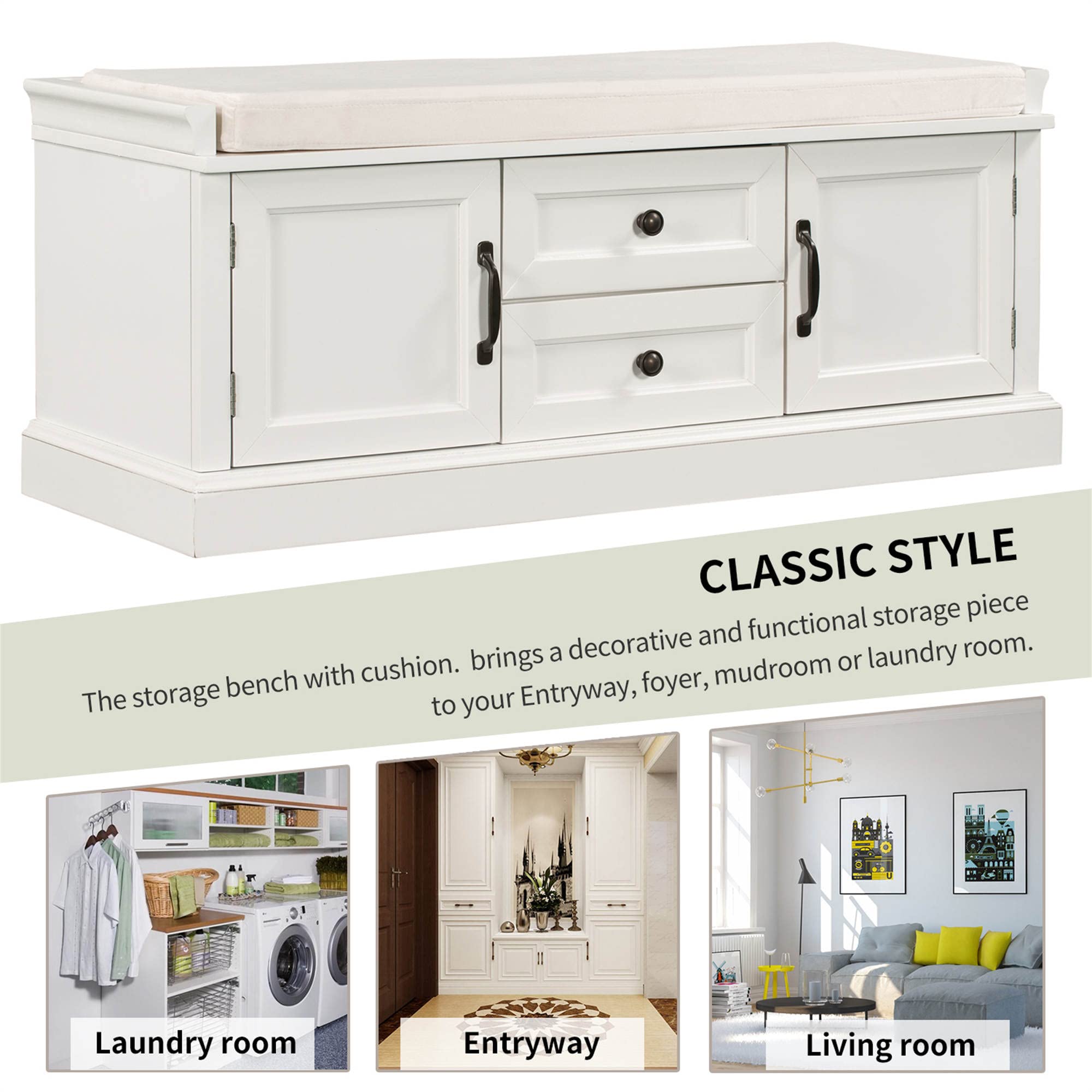 Rustic White Wooden Storage Bench with 2 Cabinets & 2 Drawers, Removable Cushion - Entryway Shoe Bench for Bedroom, Hallway & Living Room Organization | Perfect for Small Spaces & Home Decor