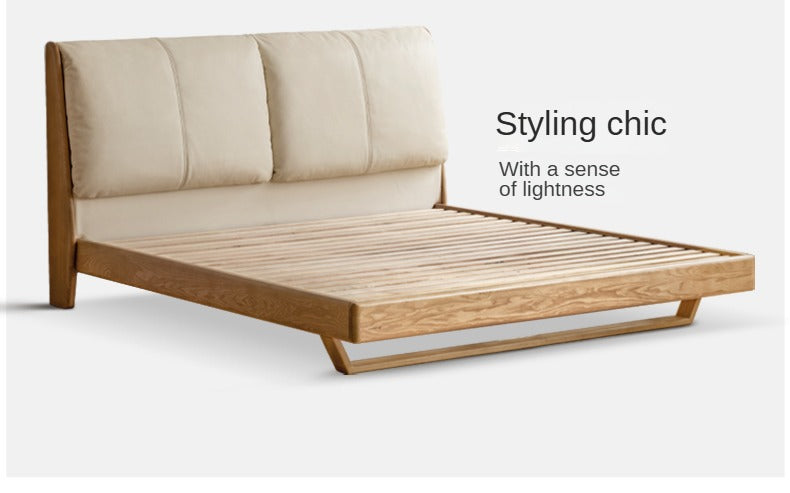 Italian Light Luxury Solid Wood Bed in Oak & Ash with Genuine Leather Upholstery - Perfect for Master Bedrooms, Guest Rooms & Modern Home Decor