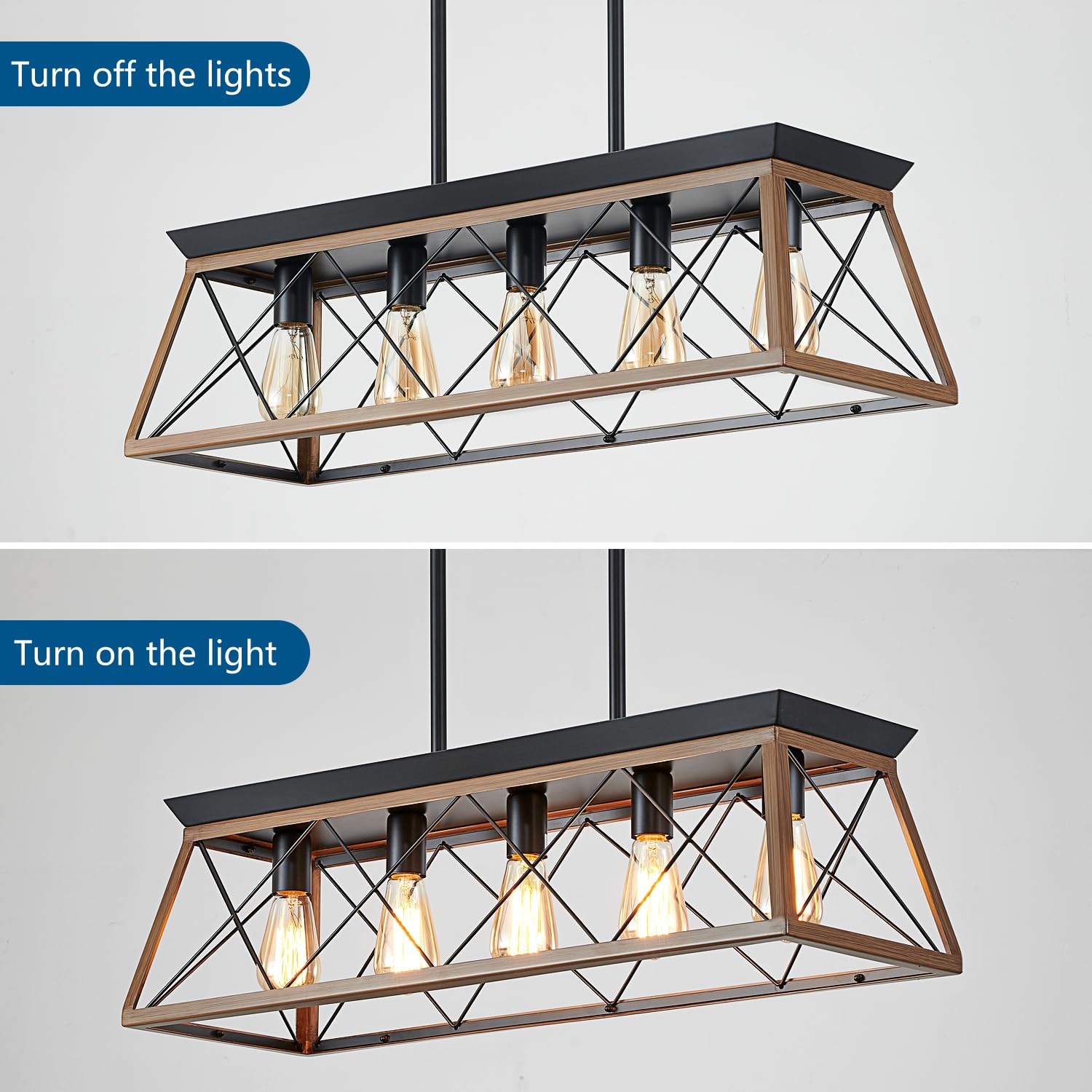 Farmhouse Kitchen Island Lighting - 5-Light Rustic Rectangular Chandelier (31.5 Inch) - Walnut Finish Dining Room Pendant Light for Kitchen, Breakfast Nook, Pool Table & Game Room Lighting