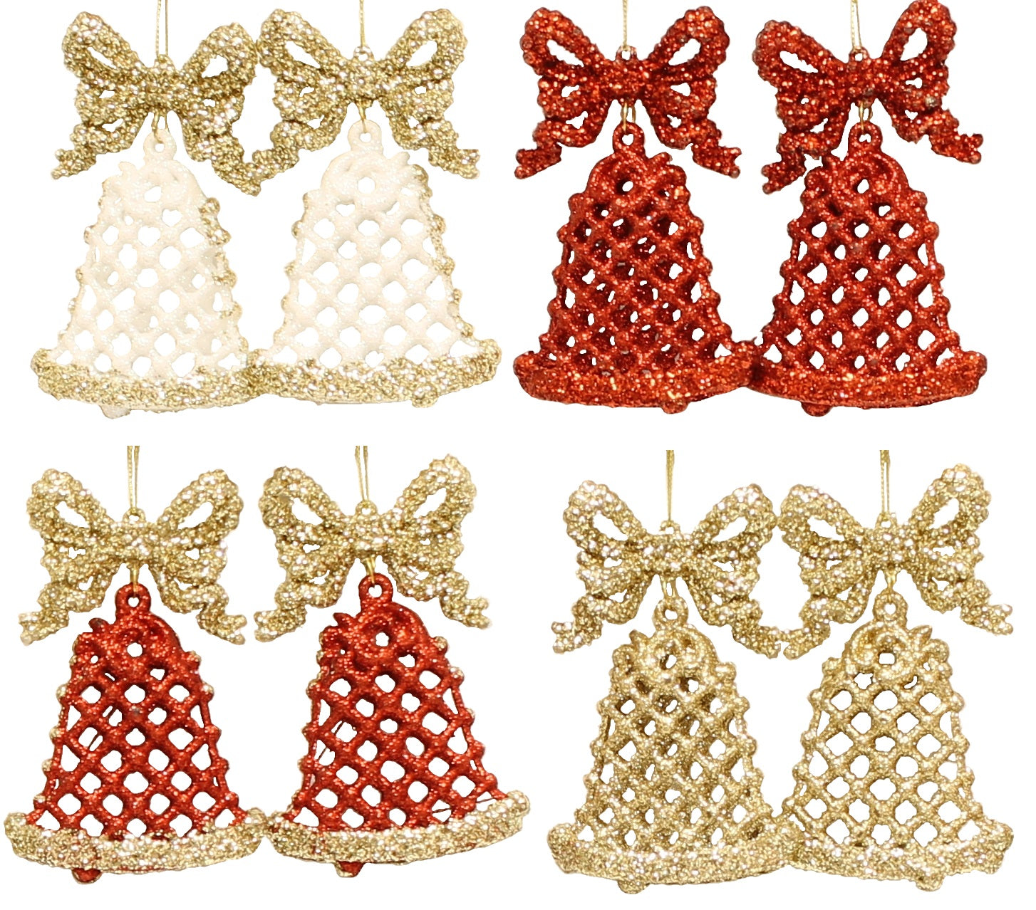 2 Pack of Glitter Christmas Bell Ornaments - White, Red & Gold Holiday Decorations for Tree, Wreath, Gift Wrapping & Party Decor