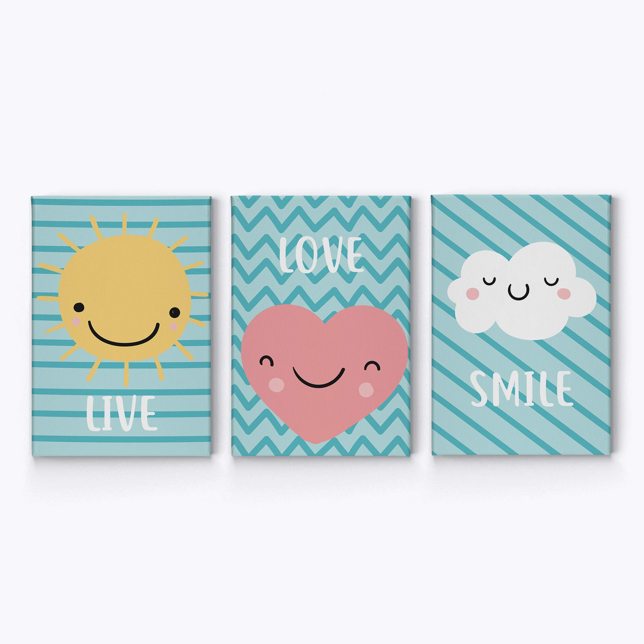 Smile Art Design Live Love Smile Lettering Blue Background 3 Piece Canvas Print Set - Kids Room Decor Wall Art for Baby Boy & Girl Nursery - Ready to Hang Made in USA (36x24 x3) - Perfect for Bedroom, Playroom & Nursery Decor