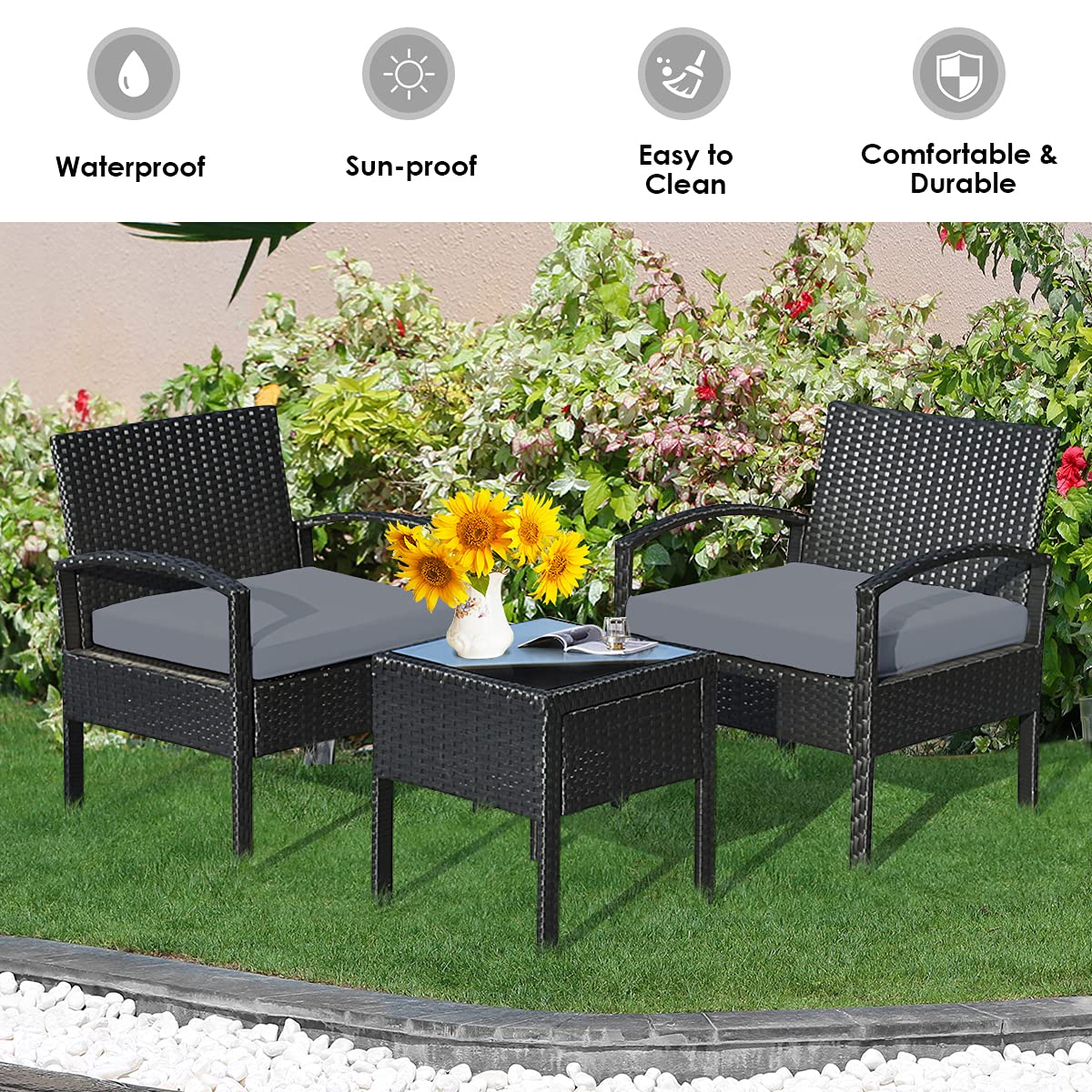 3-Piece Outdoor Patio Furniture Set - Rattan Wicker Conversation Chairs with Beige Cushions & Tempered Glass Coffee Table - Perfect for Backyard, Porch, Poolside, Garden, and Patio - Gray Weather-Resistant Set