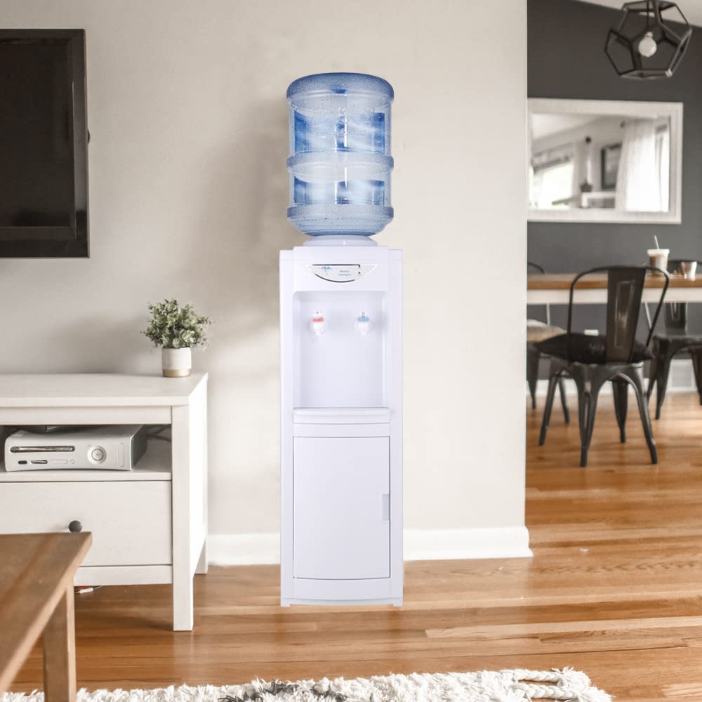 5 Gallon Top Loading Water Cooler Dispenser with Hot & Cold Water - Child Safety Lock & Storage Cabinet for Home, Office & Indoor Use (White) - Perfect for Hydration in Workplaces, Schools & Family Kitchens