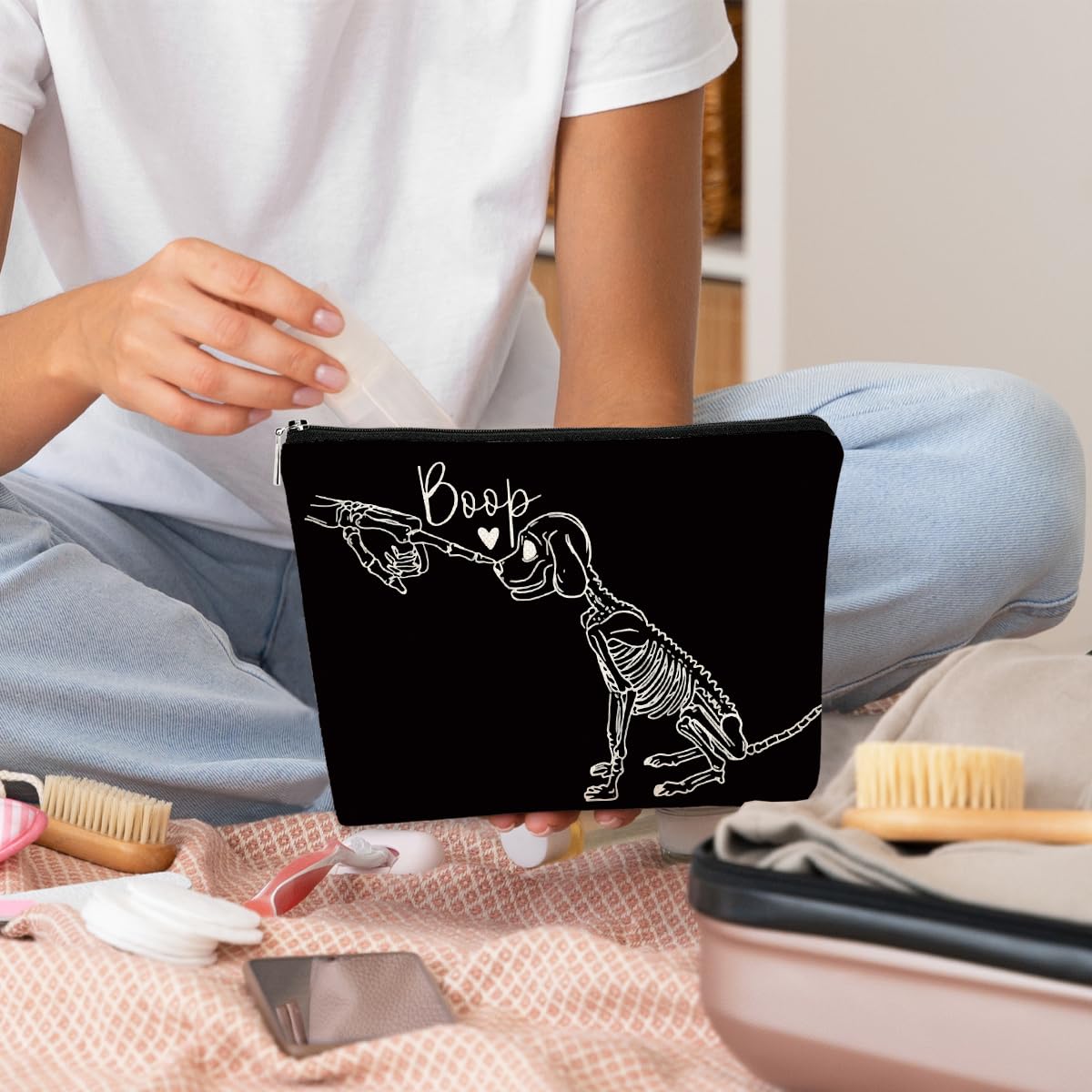 Halloween Dog Makeup Bag - Cute Skeleton Cosmetic Purse for Women, Boo Basket Gift for Dog Lovers, Funny Halloween Accessories for Parties & Trick or Treat
