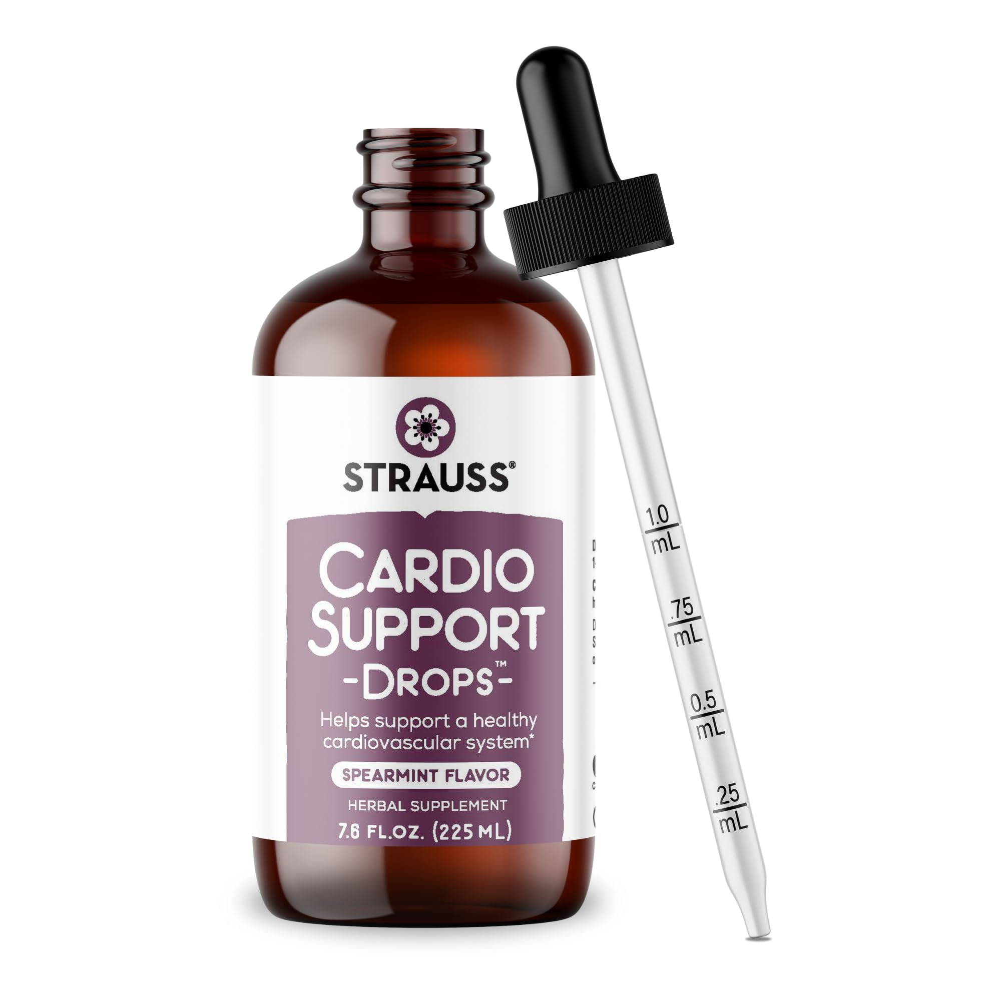 Strauss Naturals Cardio Support Drops - Vegan Heart Health Supplement with Hawthorn Berry for Blood Pressure & Cardiovascular Support - Non-GMO, Spearmint Flavor (225ml) - Perfect for Daily Heart Wellness Routine