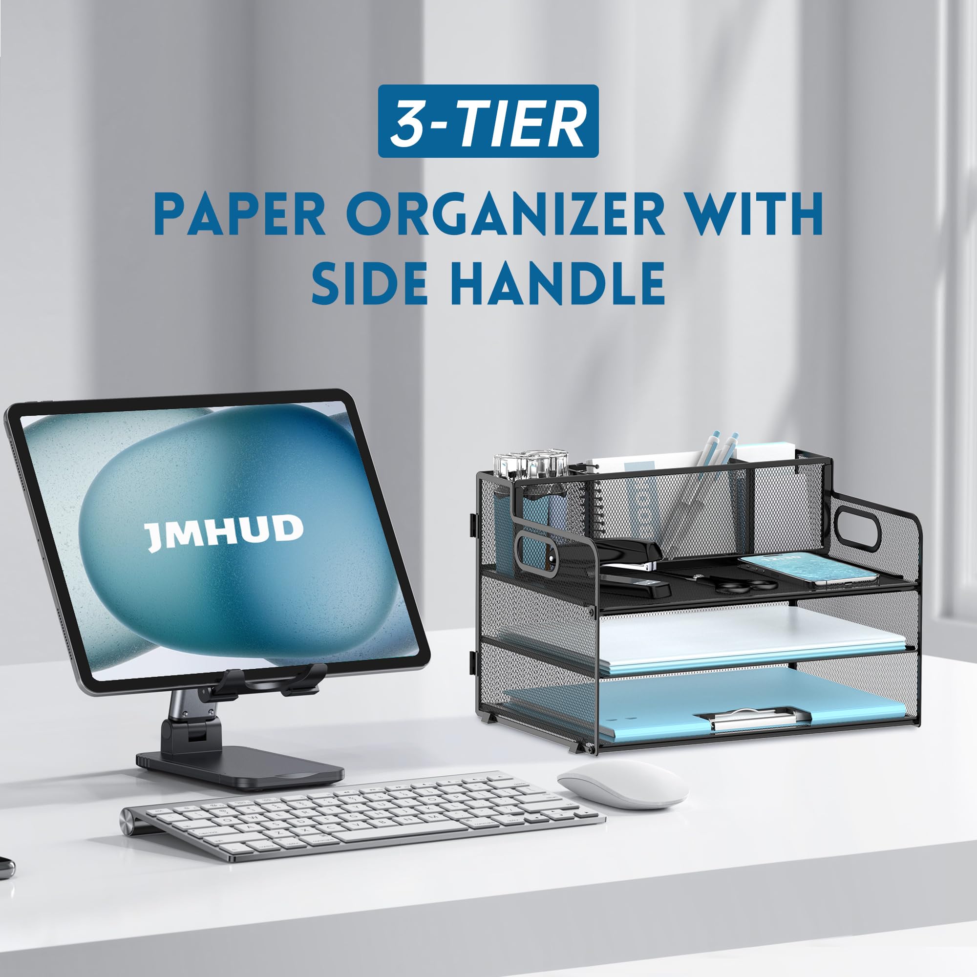 3-Tier Mesh Paper Letter Tray Organizer with Pen Holder & Handle - Black Office Desk File Sorter for Mail, Documents & Workspace Organization - Perfect for Home Office, School & Professional Workspaces
