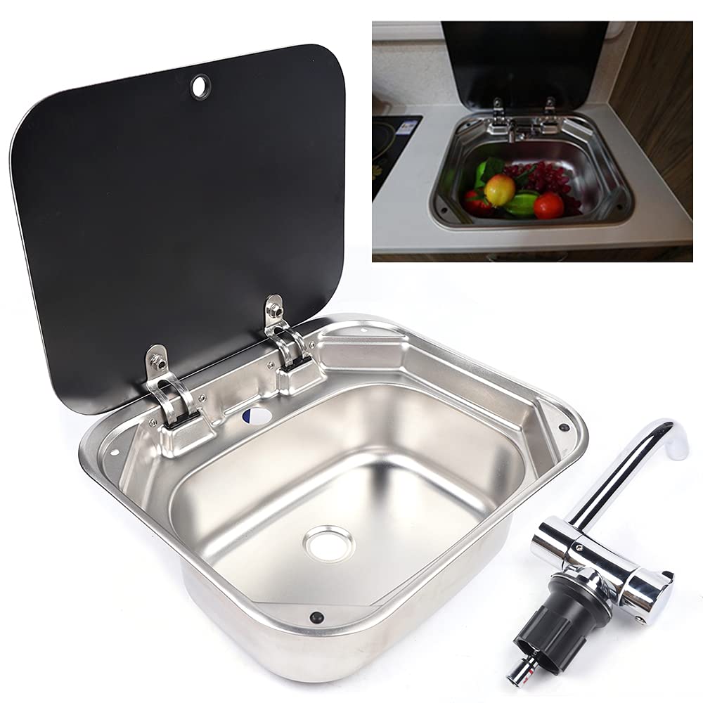 Stainless Steel RV Kitchen Sink with Glass Lid & Hot/Cold Faucet - Single Bowl Basin for Caravans, Motorhomes, Boats & Campers | Durable Outdoor Cooking & Hand Washing Solution