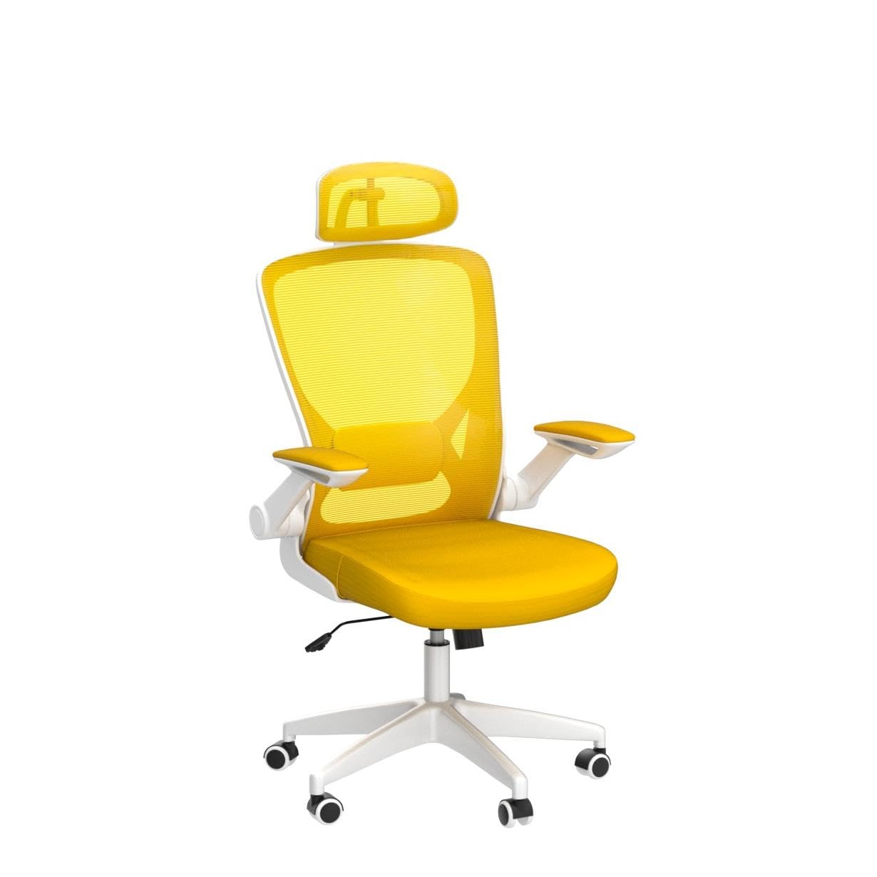 KERDOM Ergonomic Office Chair - Breathable Mesh Desk Chair with Lumbar Support, Adjustable Headrest & Flip-Up Arms - Swivel Task Chair & Height-Adjustable Gaming Chair in Yellow - Perfect for Home Office, Gaming Setup & Workspaces