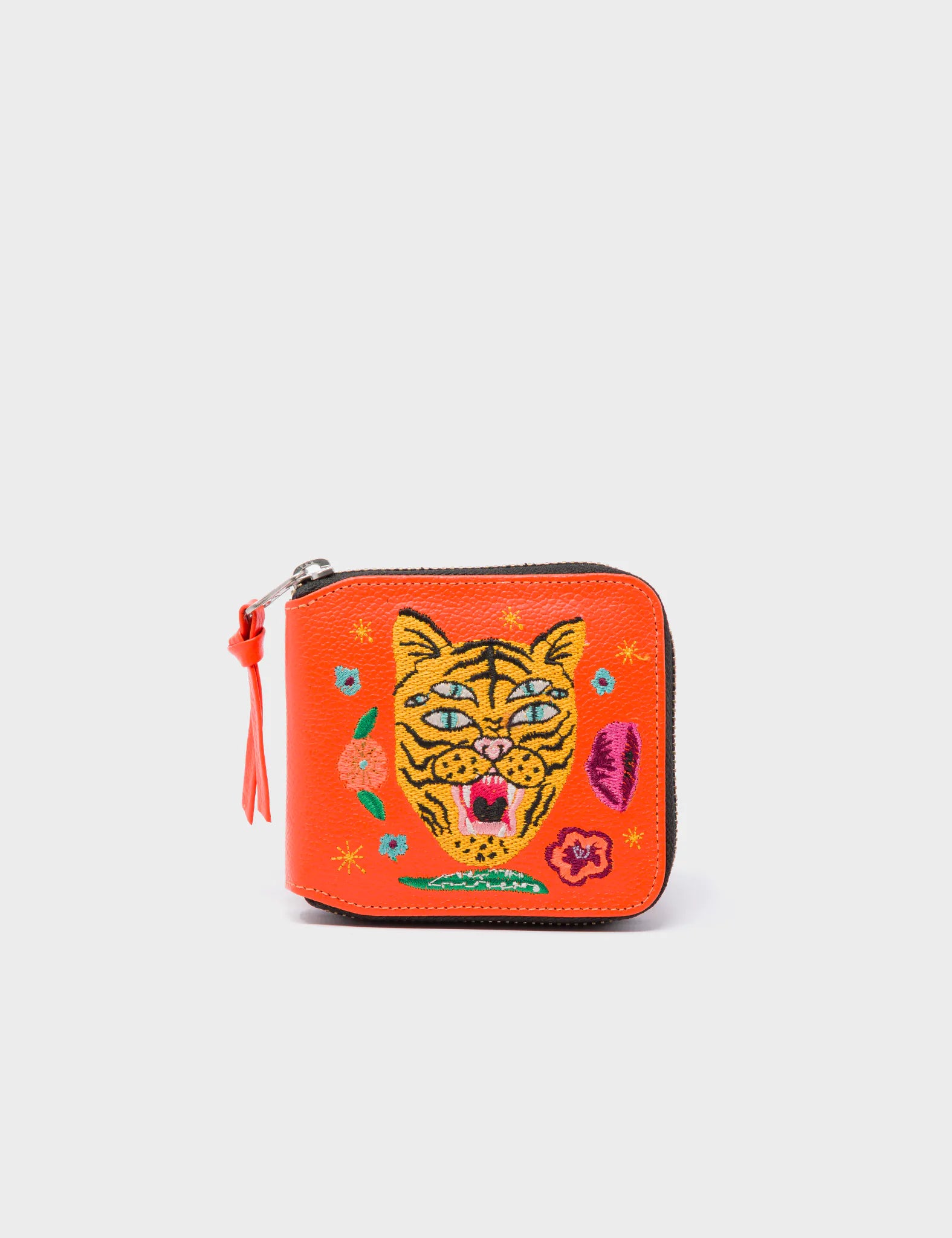 Fedor Vermillion Leather Wallet with Tiger and Flowers Embroidery - Stylish RFID Blocking Bifold Wallet for Men, Perfect for Travel, Business and Everyday Use