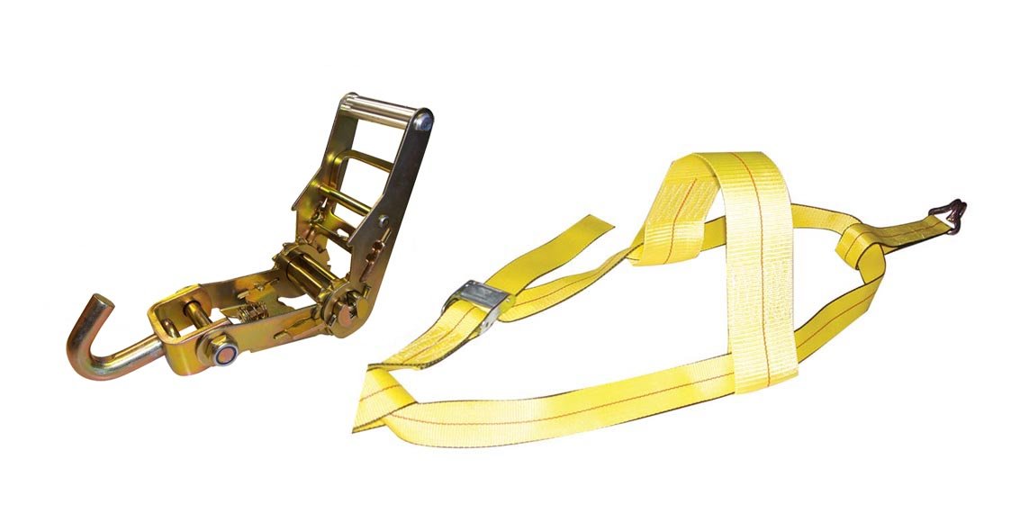 Erickson 58522 Adjustable Ratchet Yellow Tire Strap with J Hooks - Heavy Duty Truck & Trailer Tie Down Straps for Secure Transport - Perfect for Auto Repair, Towing, and Off-Road Vehicle Transport