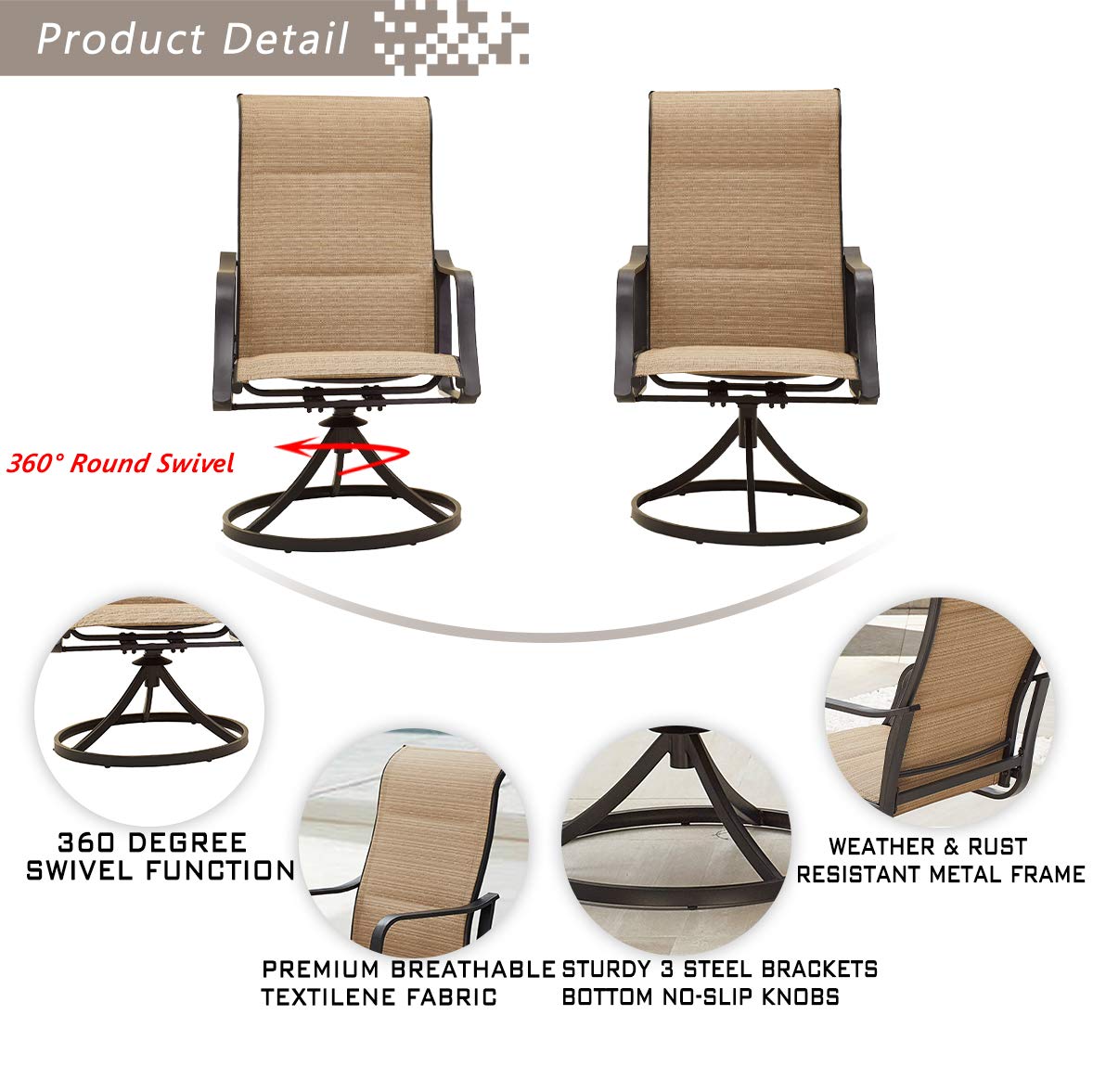 2-Piece Outdoor Bistro Set with 360° Swivel Chairs - Black Metal Frame & Textilene Fabric Patio Dining Furniture for Deck, Garden, Poolside (Beige) | Perfect for Small Spaces, Balcony Breakfast or Backyard Relaxation