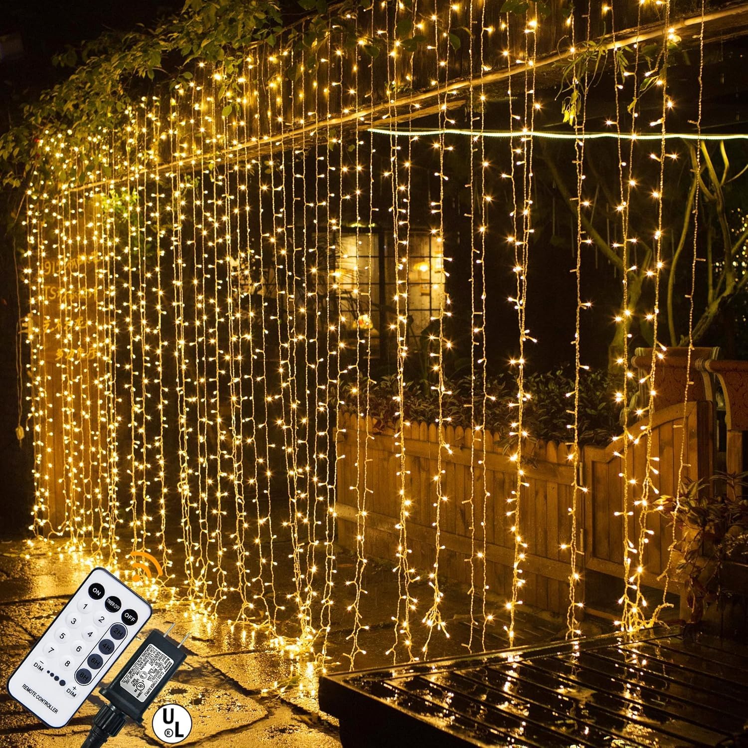 MAGGIFT 304 LED Curtain String Lights - 9.8 x 9.8 ft Fairy Lights with Remote Control & 8 Lighting Modes, Warm White Plug-in Indoor/Outdoor Decorative Lights for Christmas, Wedding, Bedroom, Window, Party Backdrop