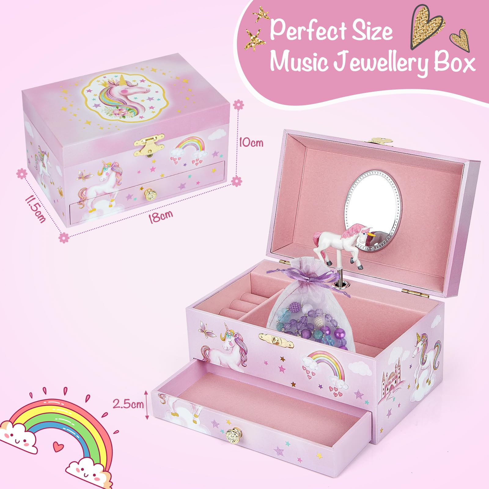 Elegant Pink Horse Musical Jewelry Box with Drawer - Spinning Ballerina Jewelry Storage Case for Necklace & Bracelet - Perfect Gift for Girls, Kids, Daughter - Ideal for Bedroom, Dresser & Birthday Presents