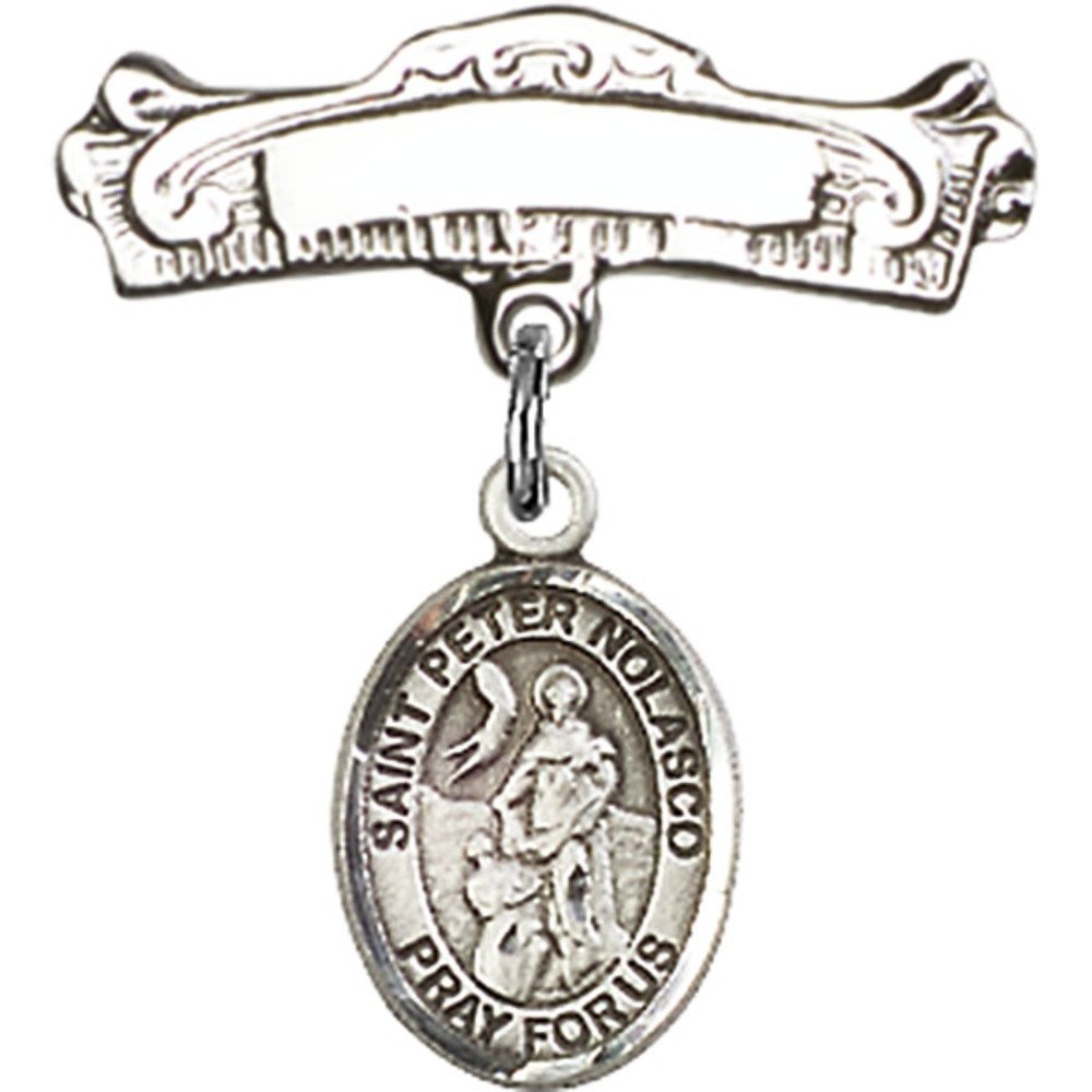 Sterling Silver Baby Badge with St. Peter Nolasco Charm - 7/8 X 7/8 Inch Arched Polished Pin - Religious Jewelry Gift for Baptism, Christening & First Communion - Perfect for Baby Blessings & Special Occasions