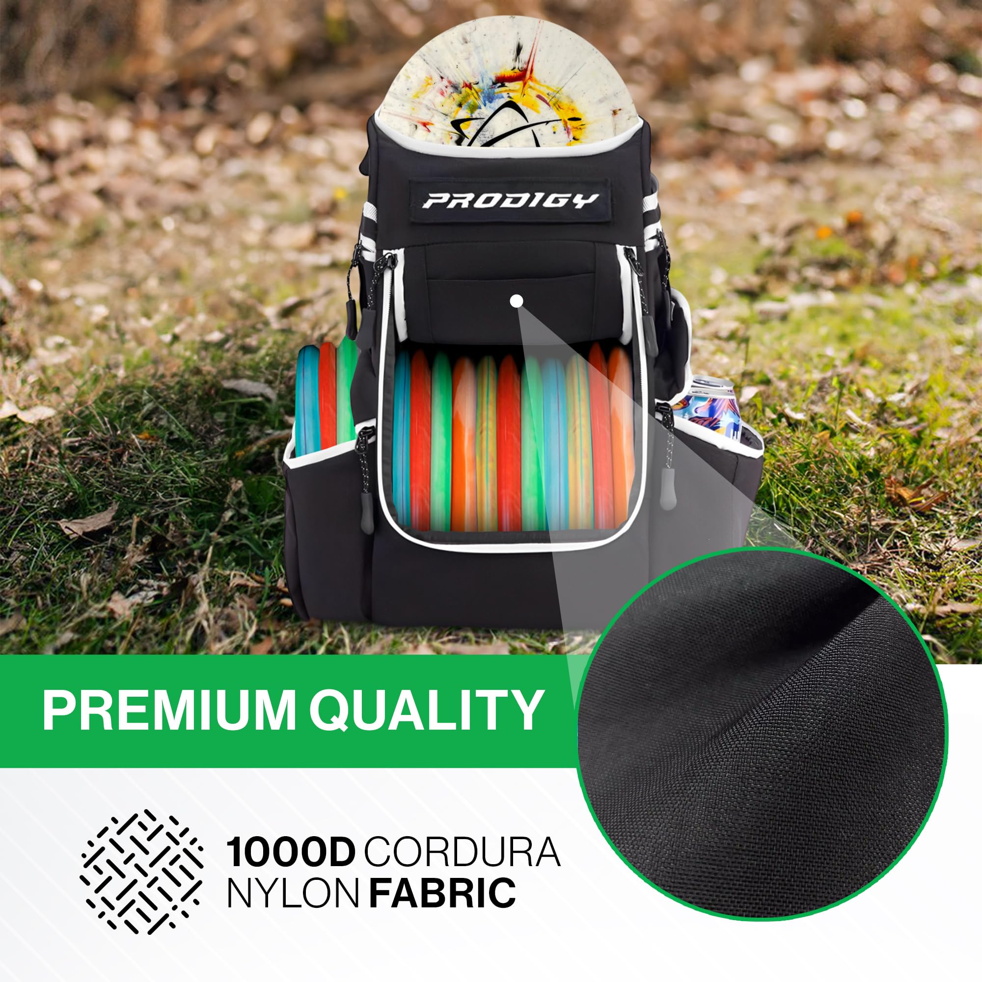Prodigy Disc Apex Disc Golf Backpack - 20+ Disc Storage, Insulated Cooler Pocket, Umbrella Sleeve & Safety Pouches - Durable Cordura Nylon Material - Perfect for Tournaments, Practice Rounds & Outdoor Adventures