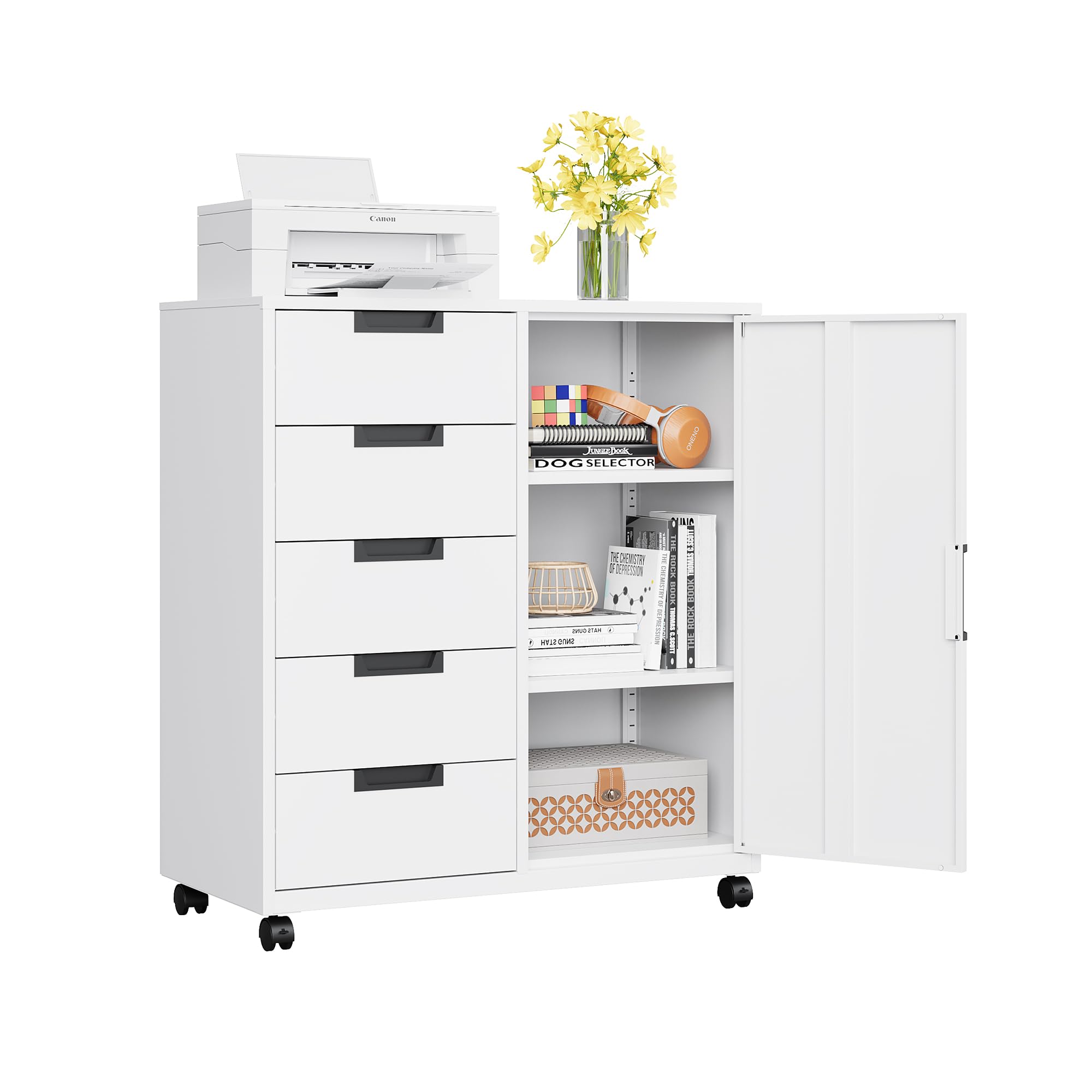 MIIIKO 5-Drawer Rolling Storage Cabinet with Door and Adjustable Shelf - White Mobile Organizer for Home Office, Bedroom, or Dorm Room Storage Solutions