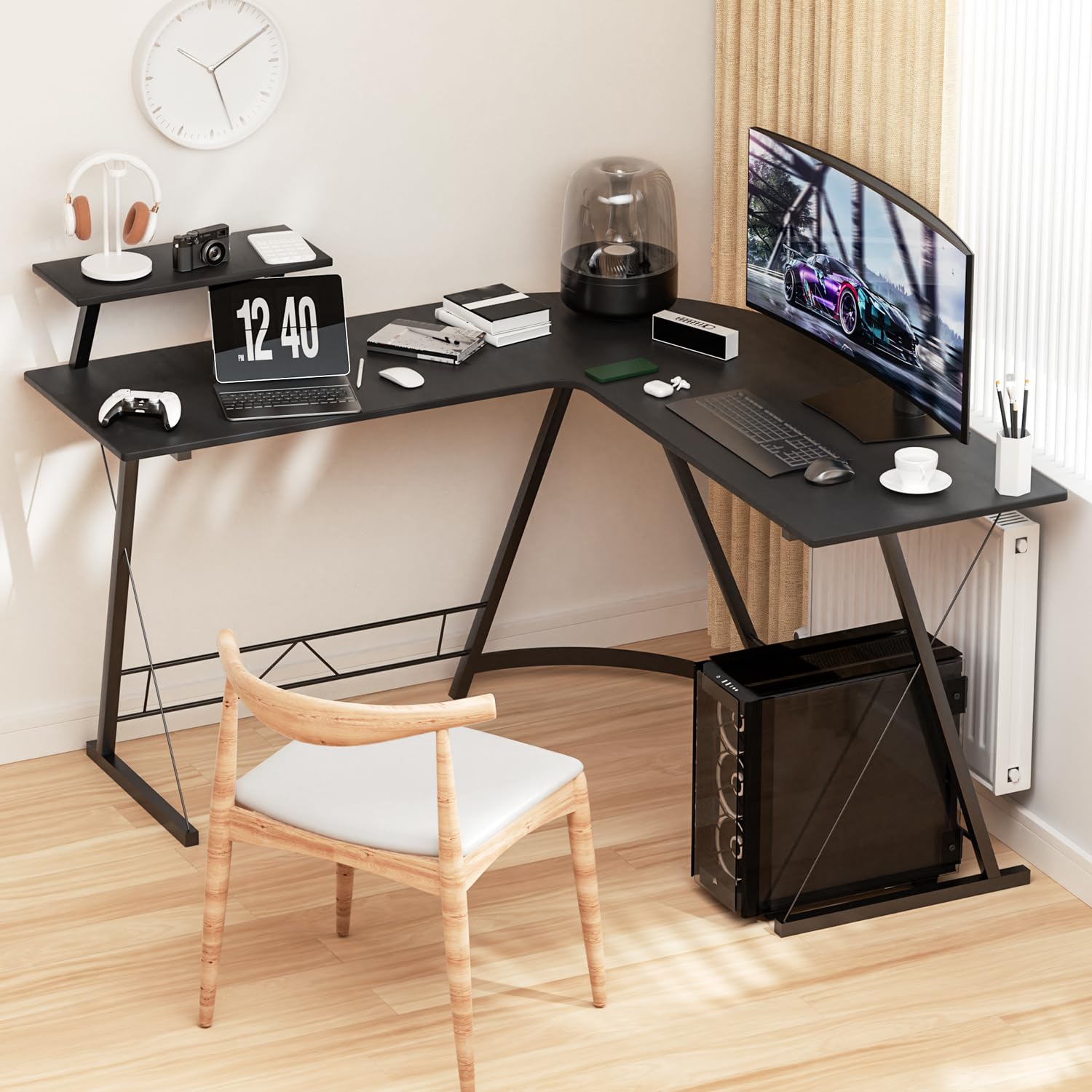 MoNiBloom L-Shaped Gaming Desk with Metal Frame - Corner Computer Desk for Home Office, Study & Gaming - Space-Saving L-Shaped Workstation (Black) | Perfect for Small Rooms, Streaming Setup & Multi-Monitor Gaming Stations