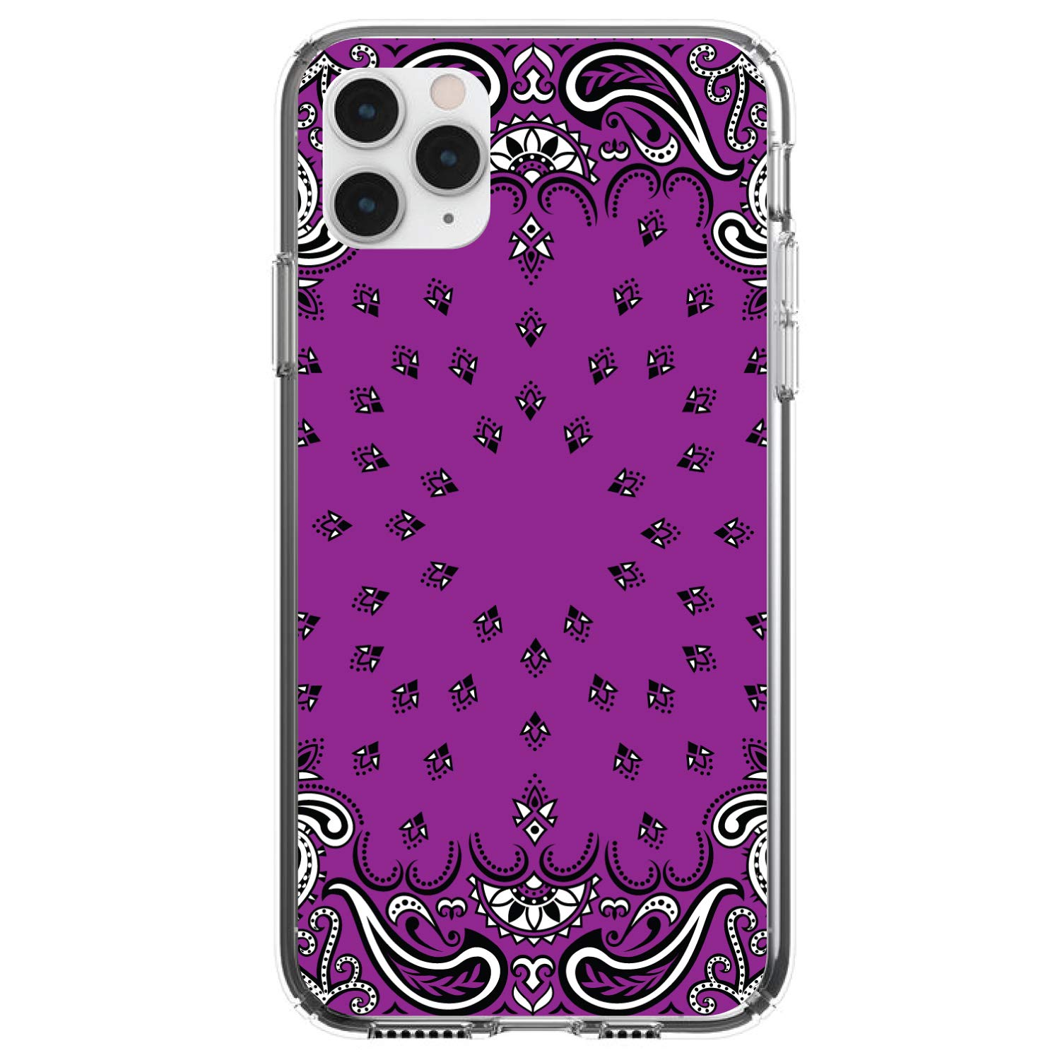 DistinctInk Clear Shockproof Hybrid Case for iPhone 13 Pro MAX (6.7 Inch) - TPU Bumper & Acrylic Back with Tempered Glass Screen Protector - Bandana Print in Purple, Black, White - Perfect for Outdoor Activities, Travel, and Daily Protection