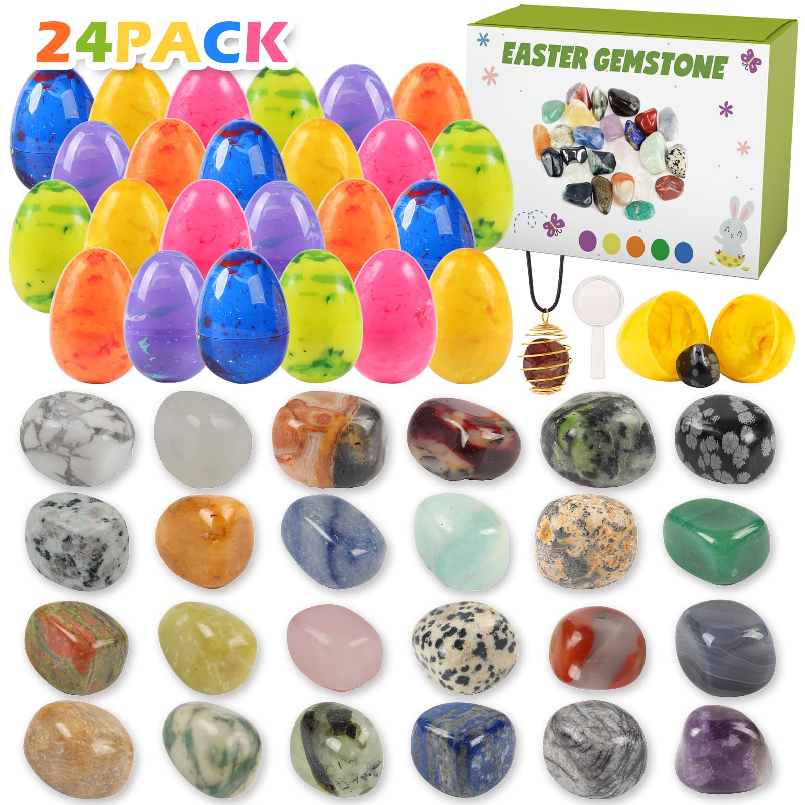 24 Pack Gem Filled Easter Eggs - Colorful Prefilled Party Favors with Gemstones for Kids, Birthday Prizes, Easter Basket Stuffers & Classroom Exchange Gifts (Boys & Girls) - Perfect for Easter Hunts, Birthday Parties & School Events
