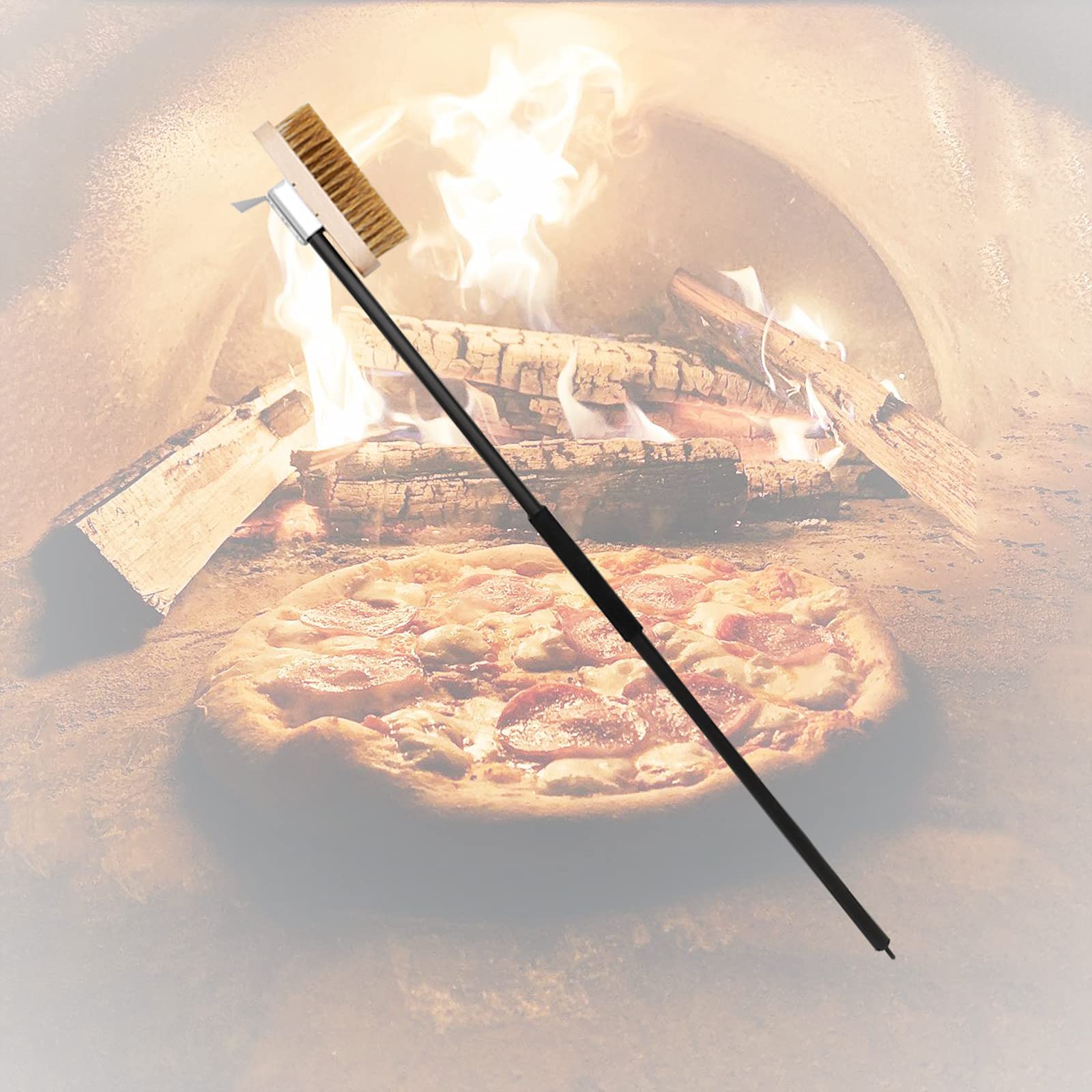 PARTYON Heavy-Duty Pizza Oven Cleaning Brush with Extra Thick Brass Bristles & Metal Scraper - Perfect for Wood Fired Ovens, Outdoor Grills & Camping Cooking