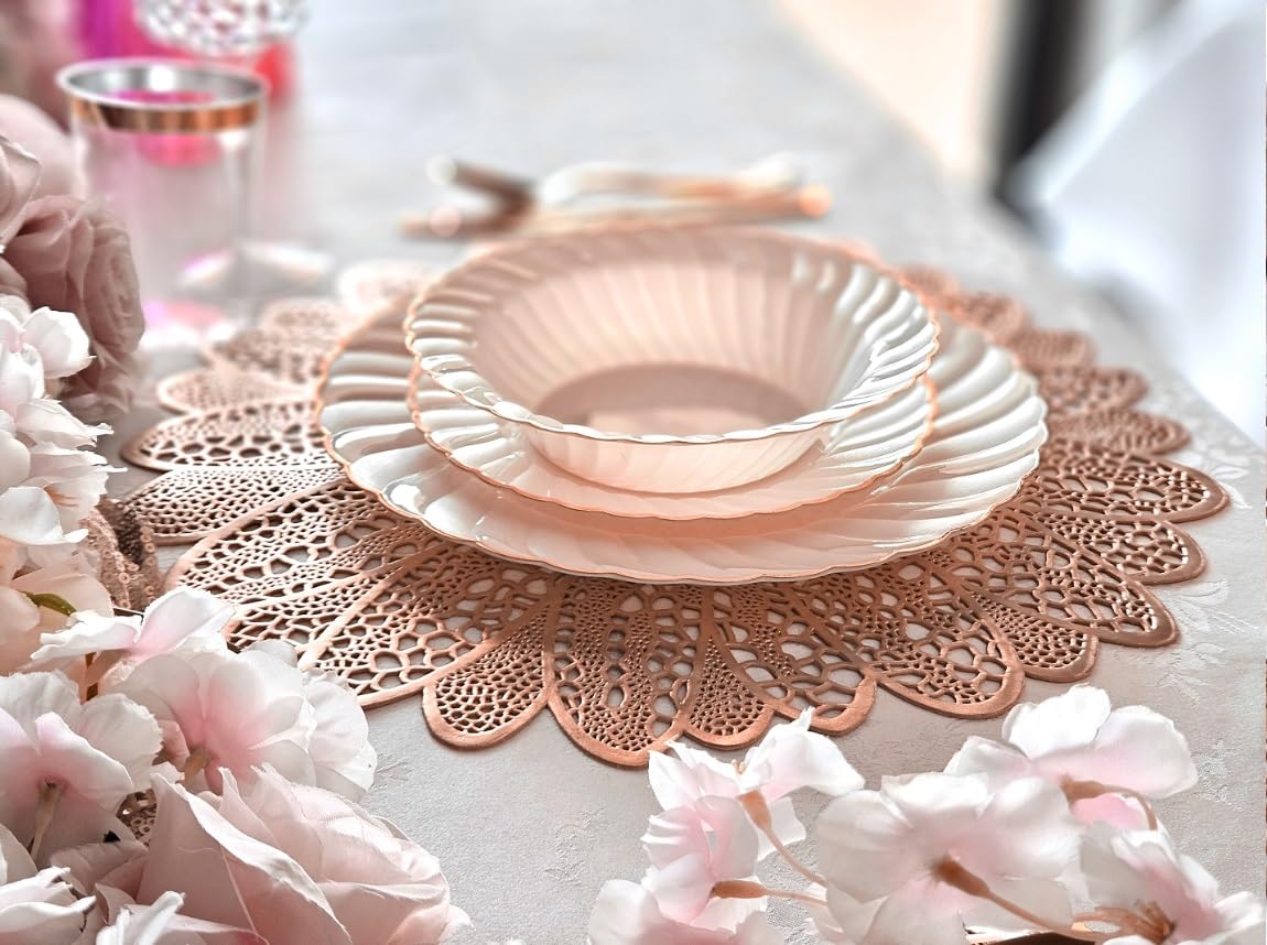 120-Piece Pressed Vinyl Metallic Placemats Set - Elegant Rose Gold Wedding Table Decor for Bridal Showers, Anniversary Parties & Formal Dining