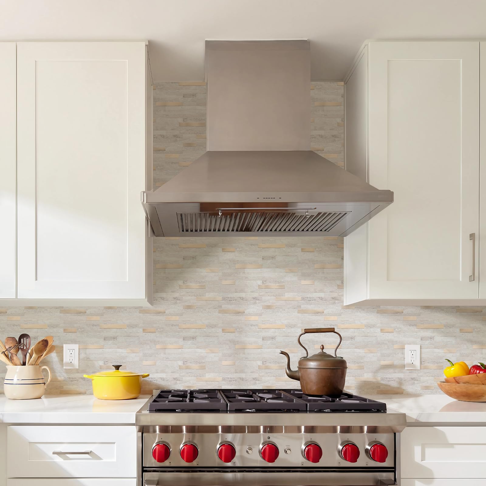STICKGOO Peel and Stick Backsplash Tiles - Self Adhesive PVC Kitchen Wall Tile (5 Sheets, Beige with Gold Metallic) - Easy DIY Home Upgrade for Backsplash, Bathroom, Laundry Room & RV Renovation