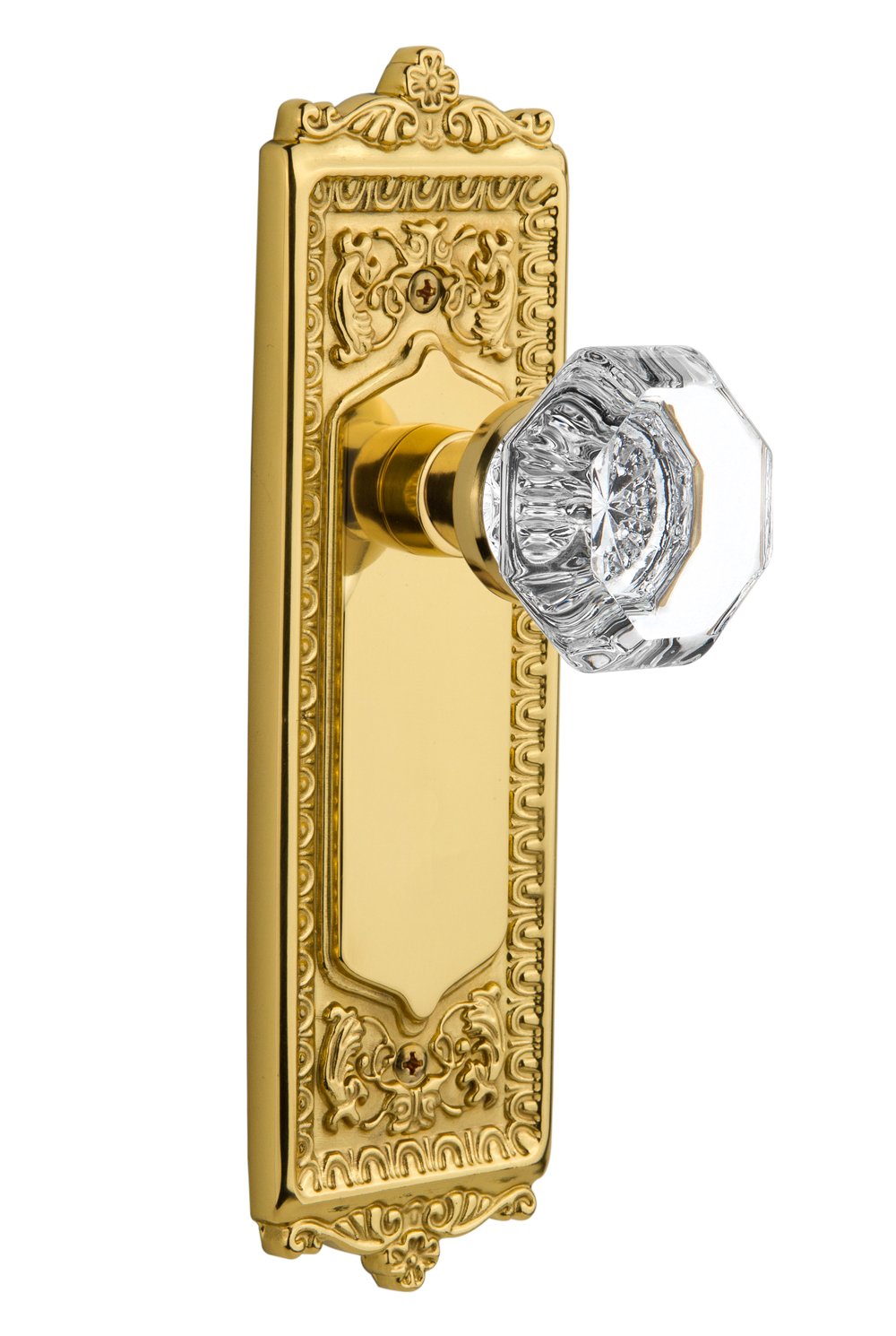 Vintage Egg and Dart Plate with Waldorf Crystal Knob - Single Dummy Unlacquered Brass for Classic Door Hardware | Perfect for Victorian, Colonial & Traditional Home Decor