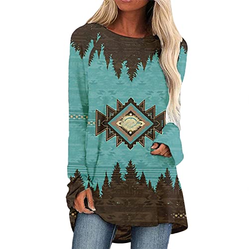 Women's Casual Long Sleeve Ethnic Print Blouse - Round Neck T-Shirt Top in Blue (XL) | Perfect for Boho Style, Office Wear & Everyday Outfits