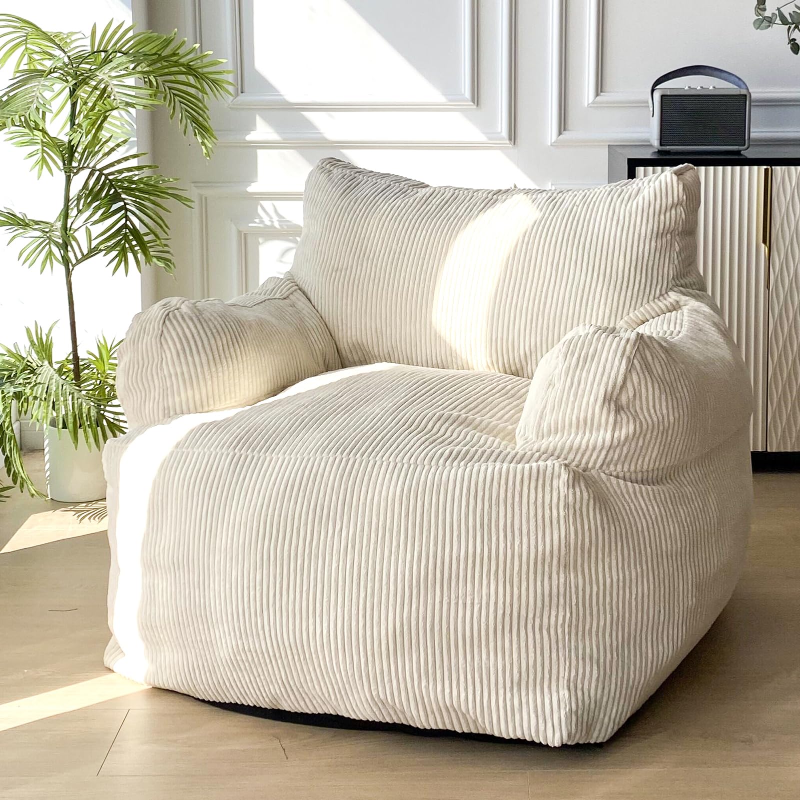 MAXYOYO Giant Bean Bag Sofa - Oversized Stuffed Accent Chair with Storage Pocket for Adults, Extra Large Lazy Floor Chair for Gaming, Reading & Relaxing, Beige - Perfect for Living Rooms, Bedrooms & Game Rooms
