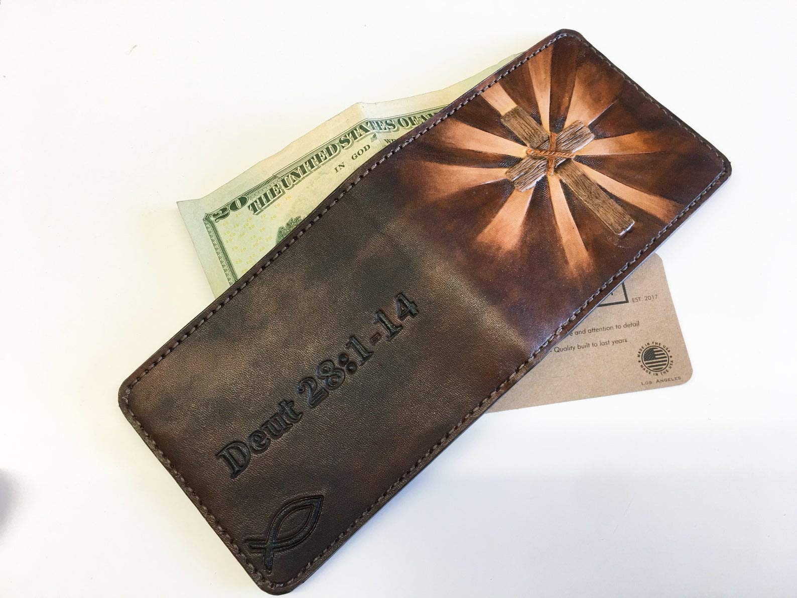 Handmade 3D Genuine Leather Wallet for Men - Custom Engraved & Hand-Painted Christian Cross Design - Personalized Gift for Father's Day, Birthday & Religious Occasions