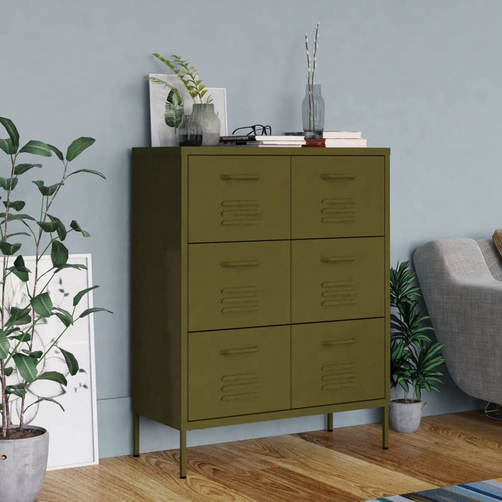vidaXL 6-Drawer Industrial Storage Cabinet - Olive Green Steel Dresser with Fully Extendable Drawers for Easy Organization | Durable & Low-Maintenance | Perfect for Bedroom, Office or Garage Storage Solutions