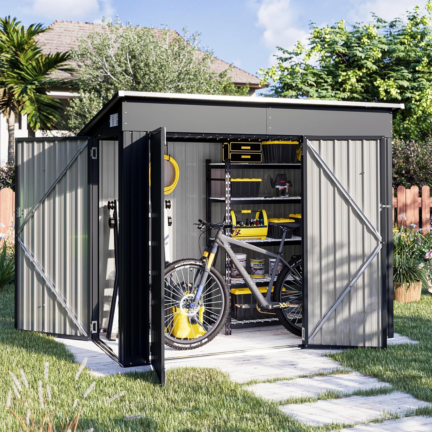 Aoxun 4' x 8' Outdoor Metal Storage Shed with Triple Lockable Doors & Sloping Roof - Heavy Duty Garden Shed for Tools, Bicycles, Lawn Equipment - Perfect for Backyard, Patio, Courtyard, and Garage Storage Solutions