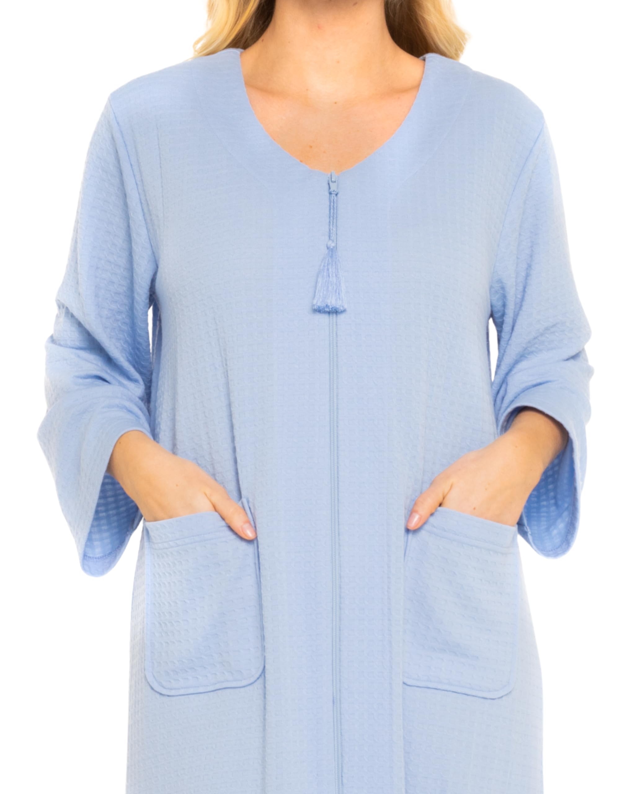 Women's Super Soft Waffle Jersey Zip Front Robe - Cozy Loungewear for Home, Spa & Relaxation