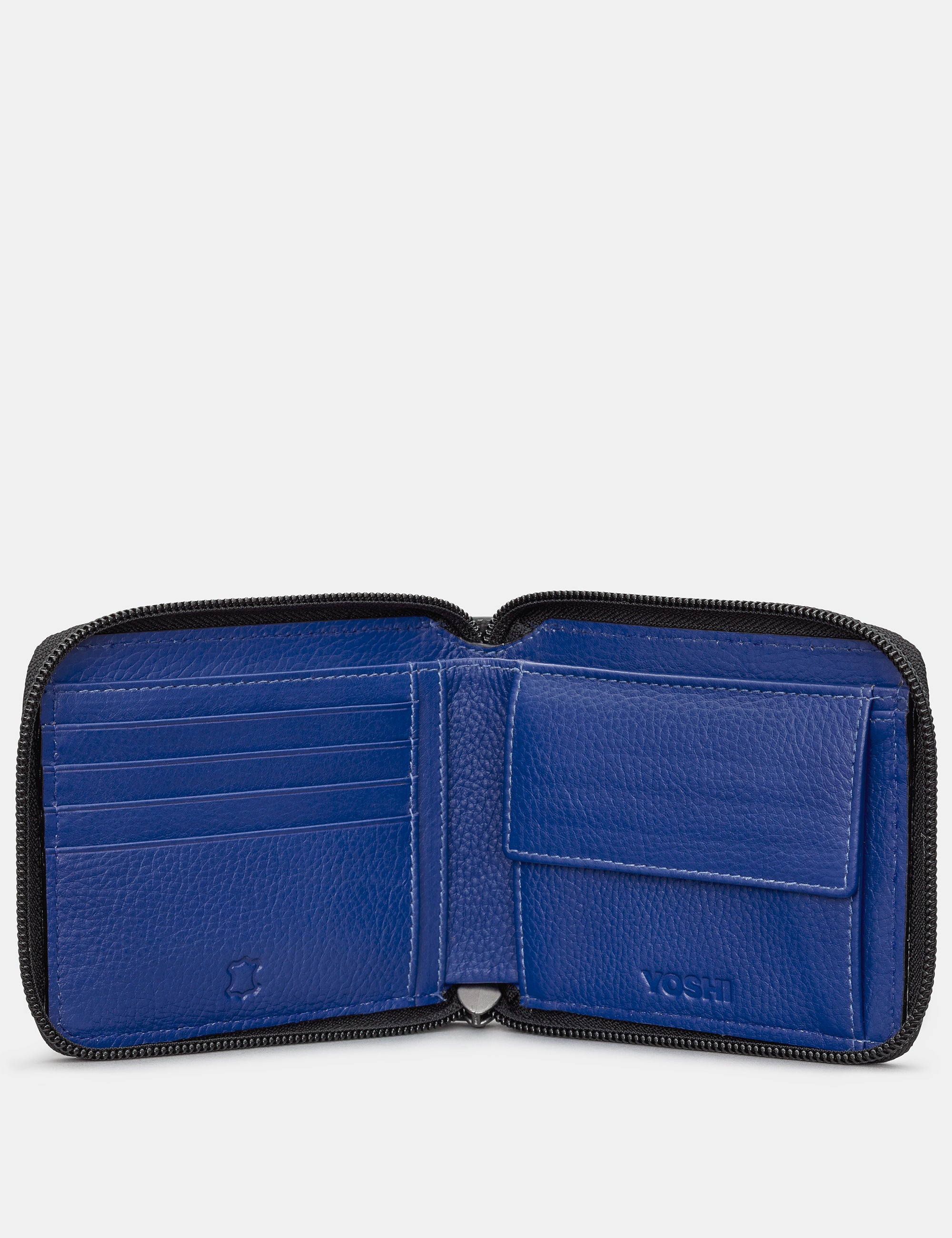 Premium Black & Blue Leather Zip Around Wallet for Men & Women - Stylish RFID Blocking Bifold Wallet for Travel, Business & Everyday Use