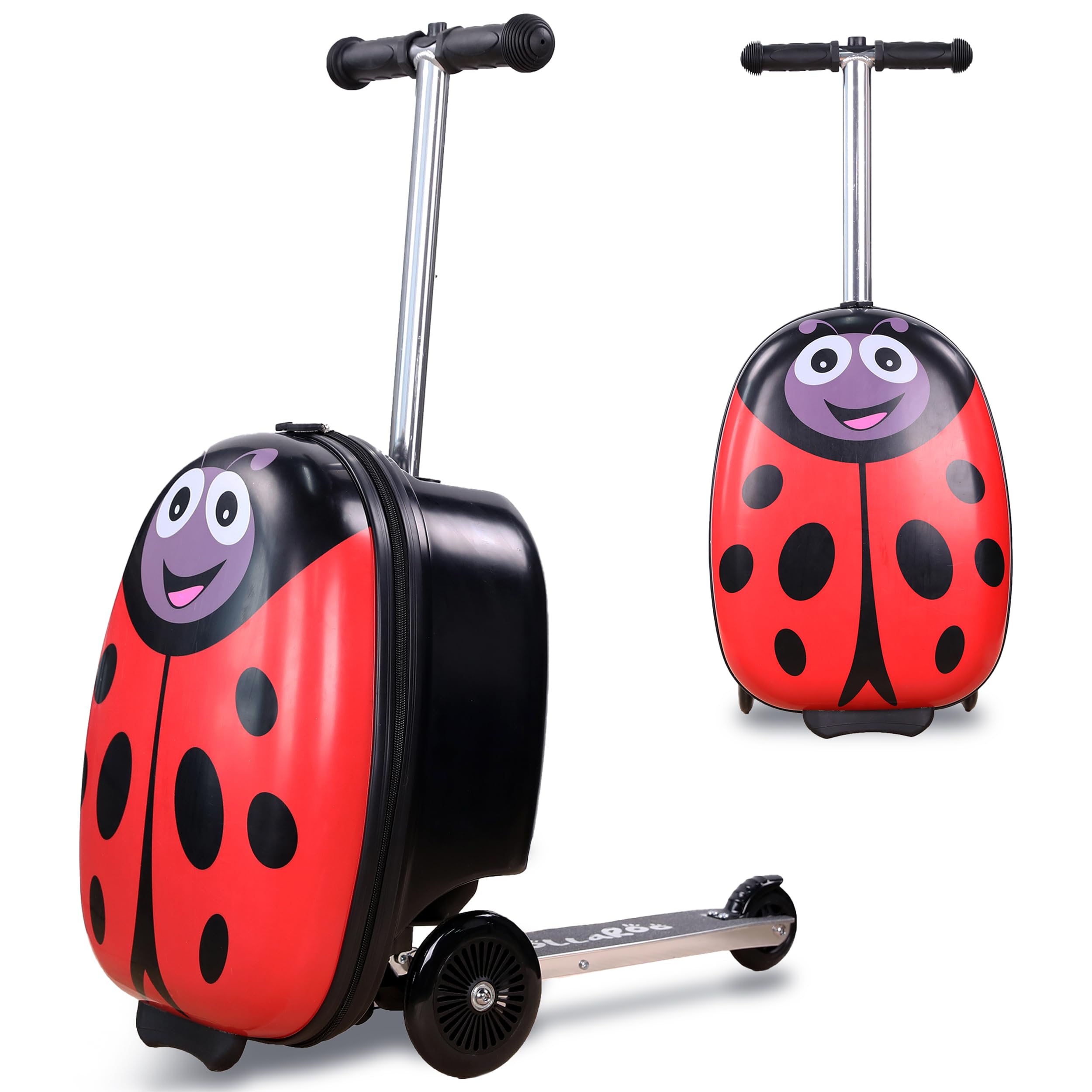 Ladybug Kids Scooter Suitcase - Foldable Ride-On Luggage with Wheels for Travel | Multifunctional Children's Carry-On with Strong Grip, Easy Locks & Smooth Zippers | 110LB Capacity | Perfect for Airports, Family Trips & School Commutes