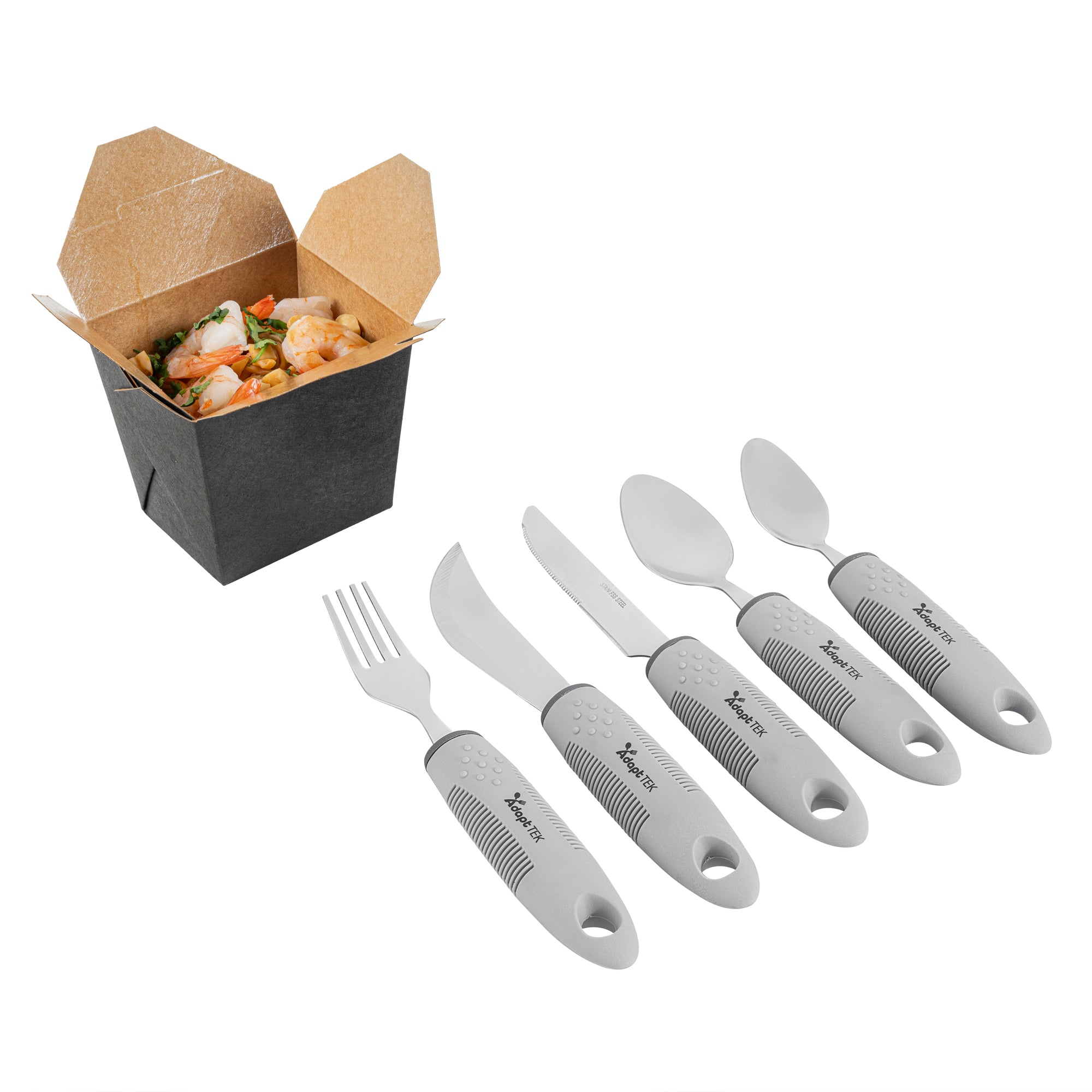 Adapt Tek Gray Stainless Steel 5-Piece Adaptive Utensil Set - Lightweight, Non-Slip Grip, Ergonomic Design for Seniors & Disabled - Perfect for Assisted Eating at Home or Healthcare Facilities (1 Count Box)