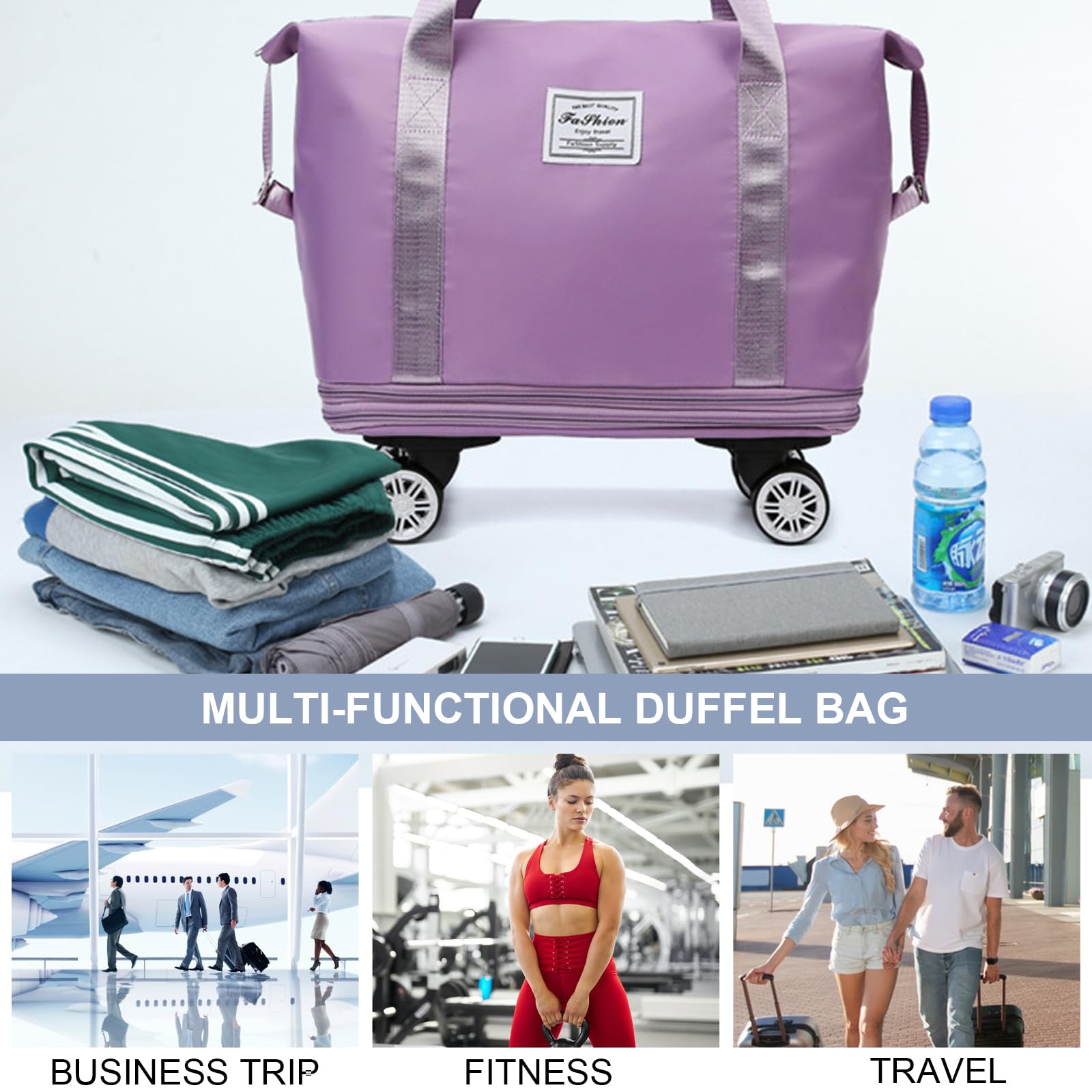 Foldable Expandable Duffel Bag with Detachable Rolling Wheels - Large Carry-on Luggage for Travel, Gym, Camping & Business Trips - Purple Travel Bag for Convenient Packing & Storage