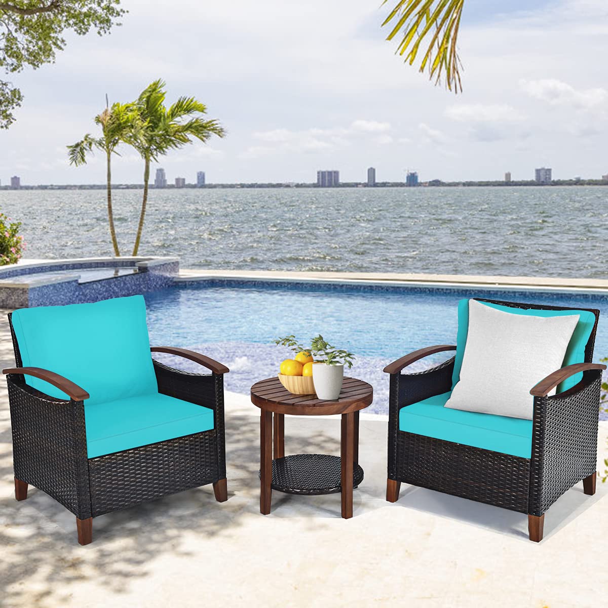 3-Piece Outdoor Patio Furniture Set - Rattan Sofa with Washable Cushions & Acacia Wood Coffee Table - Weather-Resistant Wicker Conversation Set for Garden, Poolside, Balcony (Turquoise) - Perfect for Relaxing, Entertaining & Outdoor Lounging