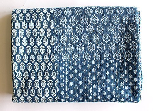 Handmade Indigo Blue Kantha Quilt Throw - 100% Cotton Patchwork Bedspread 60x90 Inches - Boho Chic Home Decor for Bedroom, Sofa & Cozy Living Room