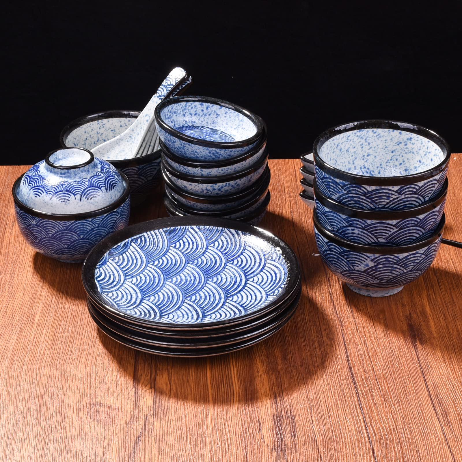 7 Inch Microwave & Dishwasher Safe Japanese Ceramic Plates - Set of 4 Blue Wave Pattern Dinner Plates for Salads, Pasta, Cheese, Ham & Antipasti | Perfect for Home Dining, Parties & Restaurant Use
